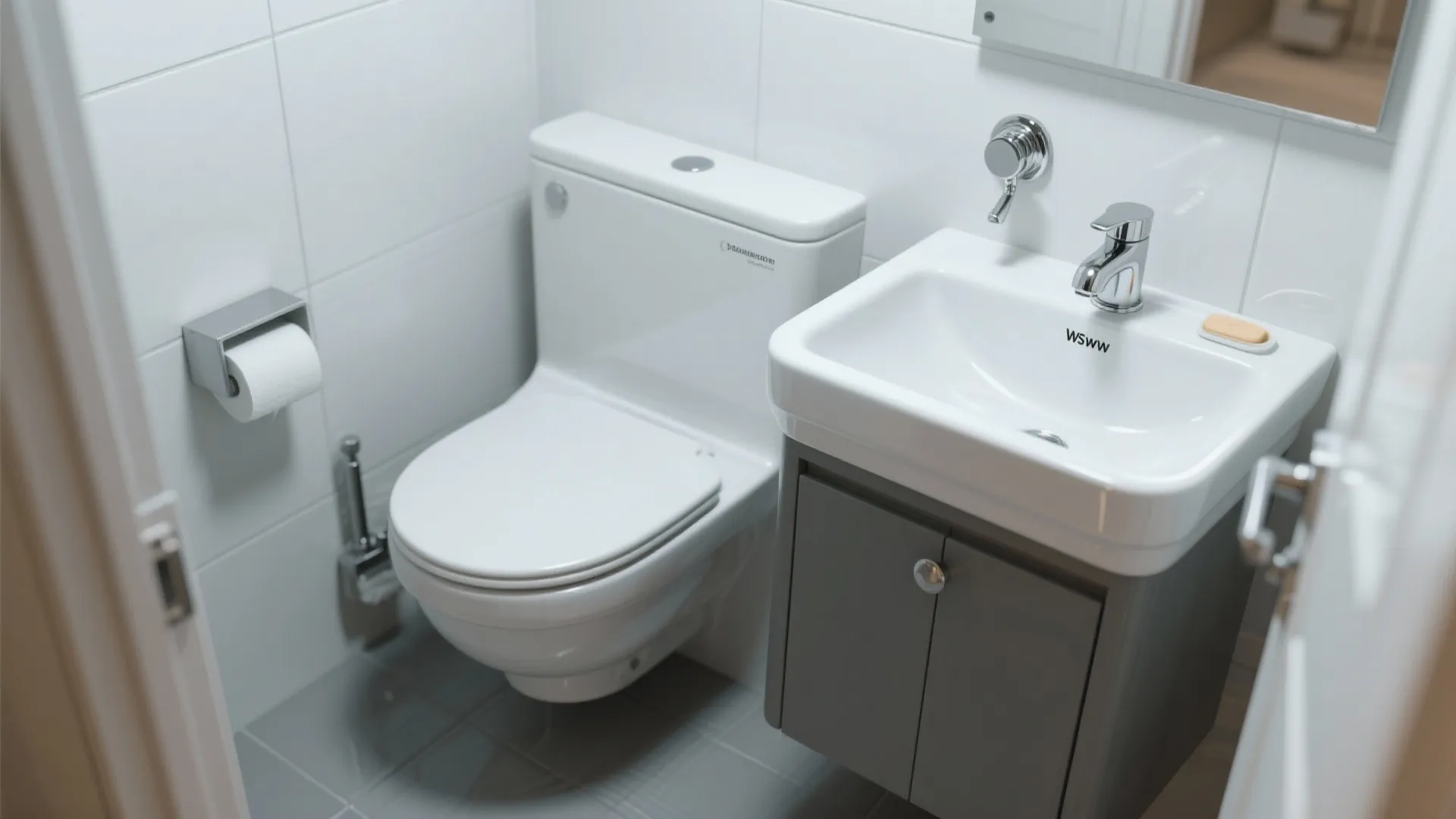 Modern white bathroom with white toilet and grey sink cabinet in a clean small room
