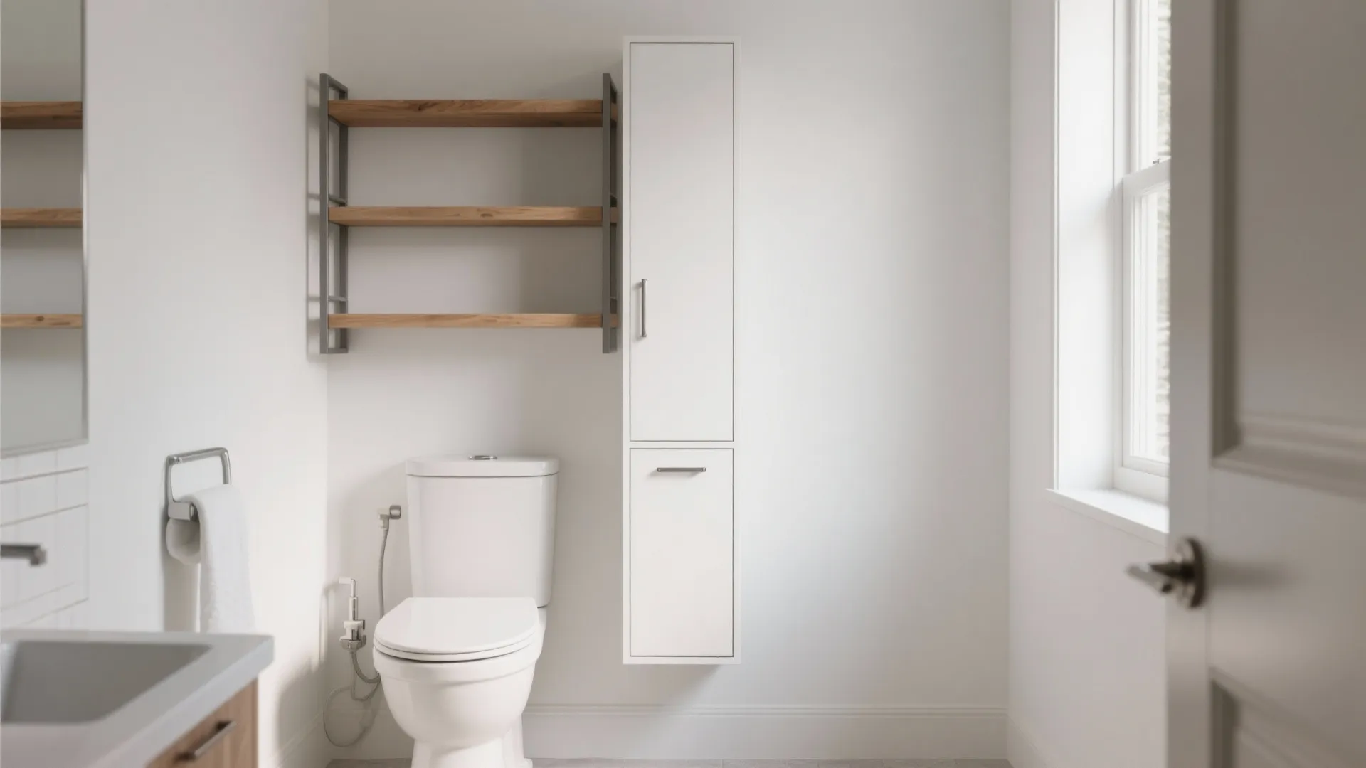 Modern white bathroom with toilet tall storage cabinet wooden shelves and light from the large window