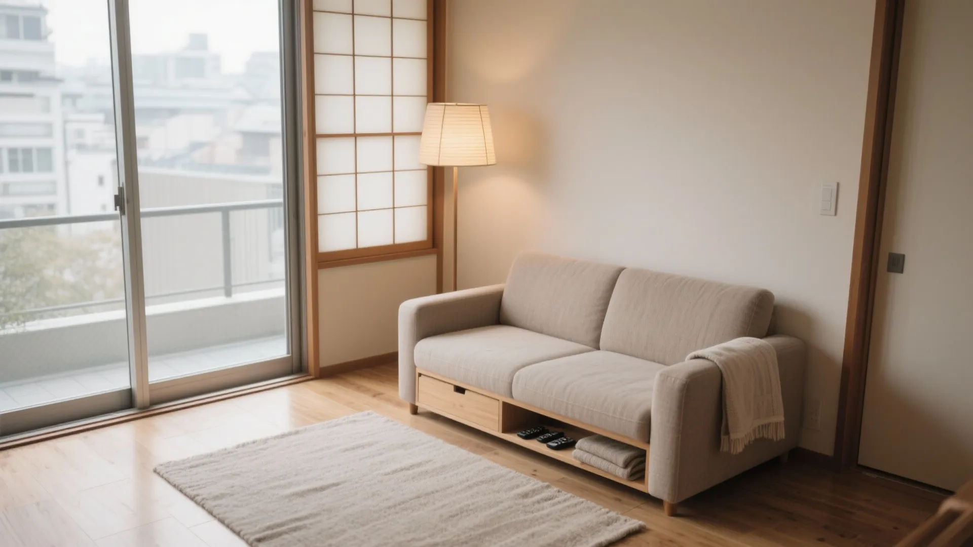 Tips 2: ソファは“片肘＋薄背”で視線を抜く（東京小戸型・收納技巧）