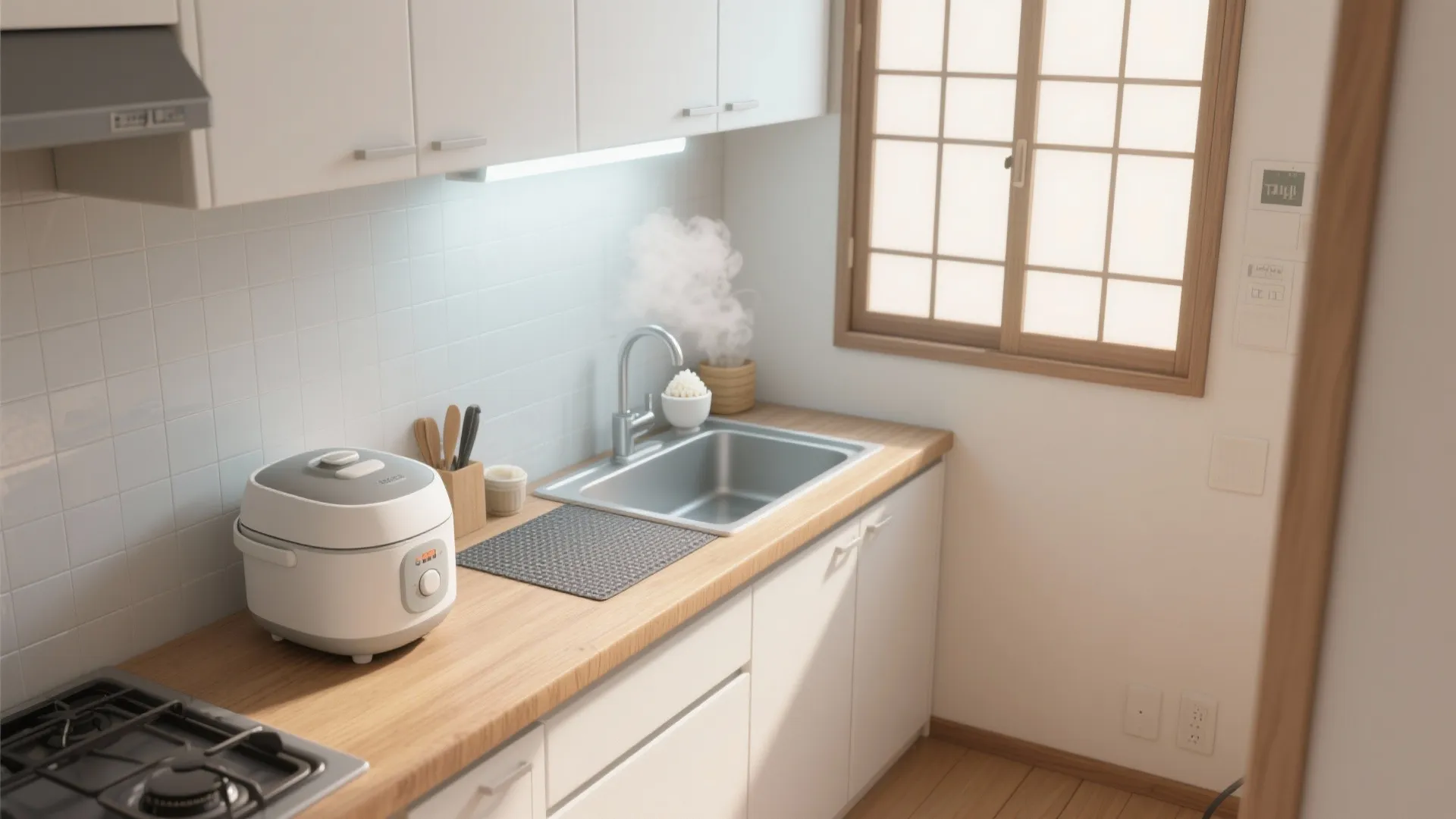 蒸気と安全を優先する台上“45cmルール”（東京小戸型 × 日式風格）