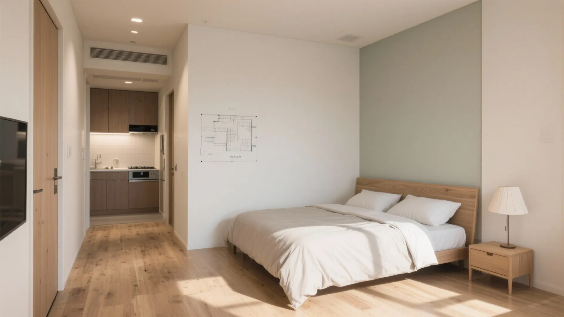Tips 1: 入口からベッドが直視されない配置で、東京小戸型の生活感を抑える