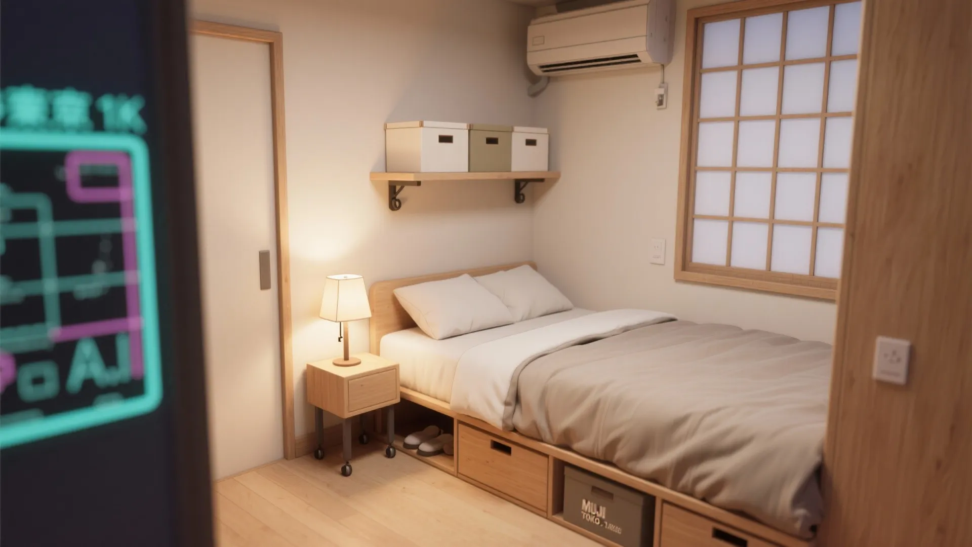 Tips 1: ベッドは“壁沿い＋上部収納”で床面を解放（東京小戸型・日式風）