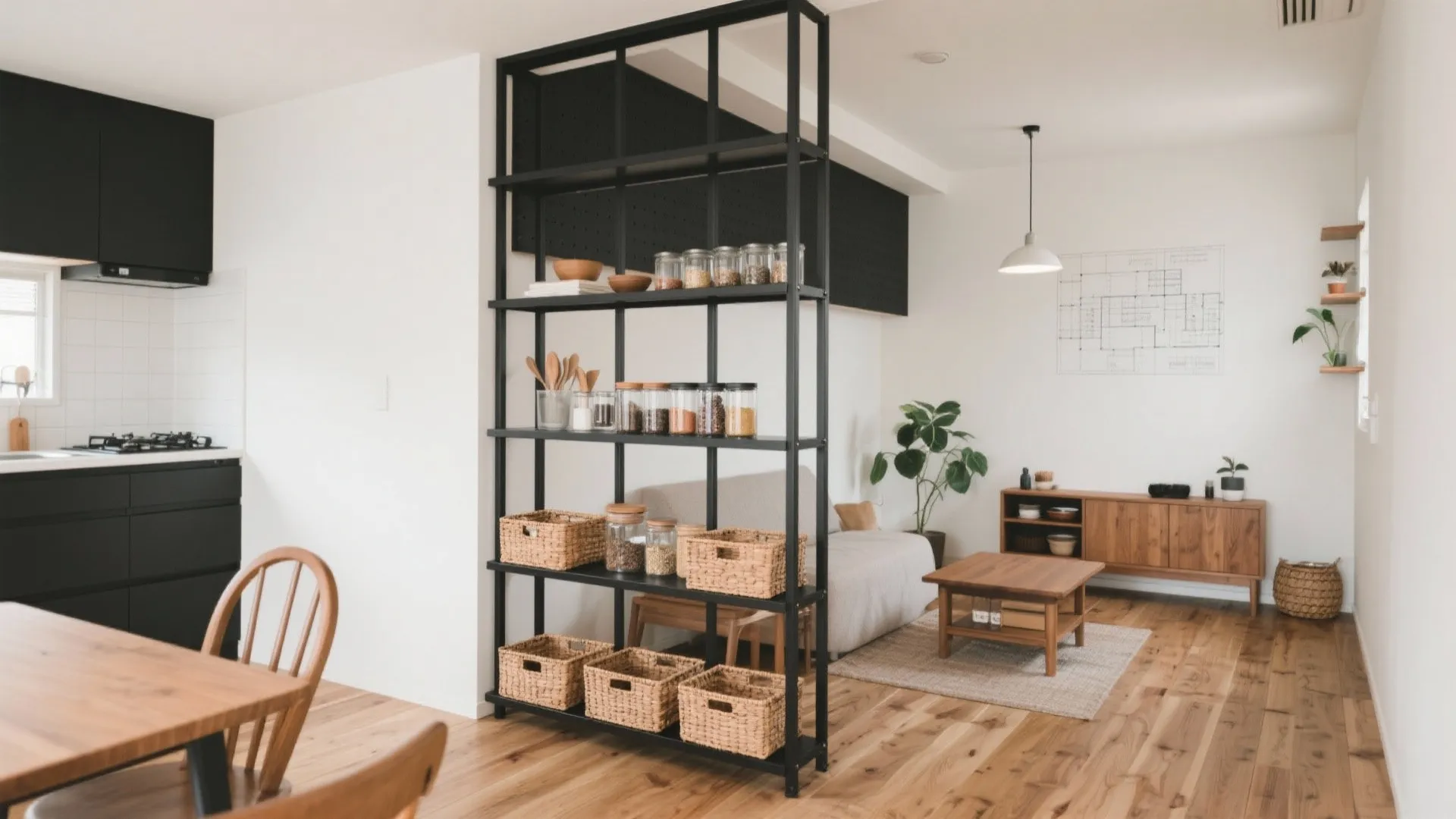 仕切りを収納に変える：スチールシェルフで収纳技巧を前面化