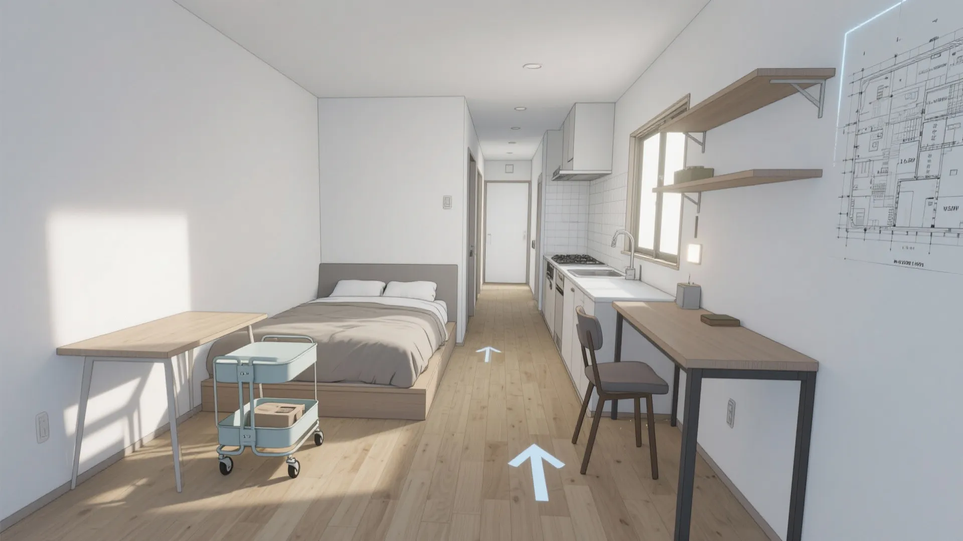 2. 動線計画で衝突を減らす：キッチンとベッド周りの分離