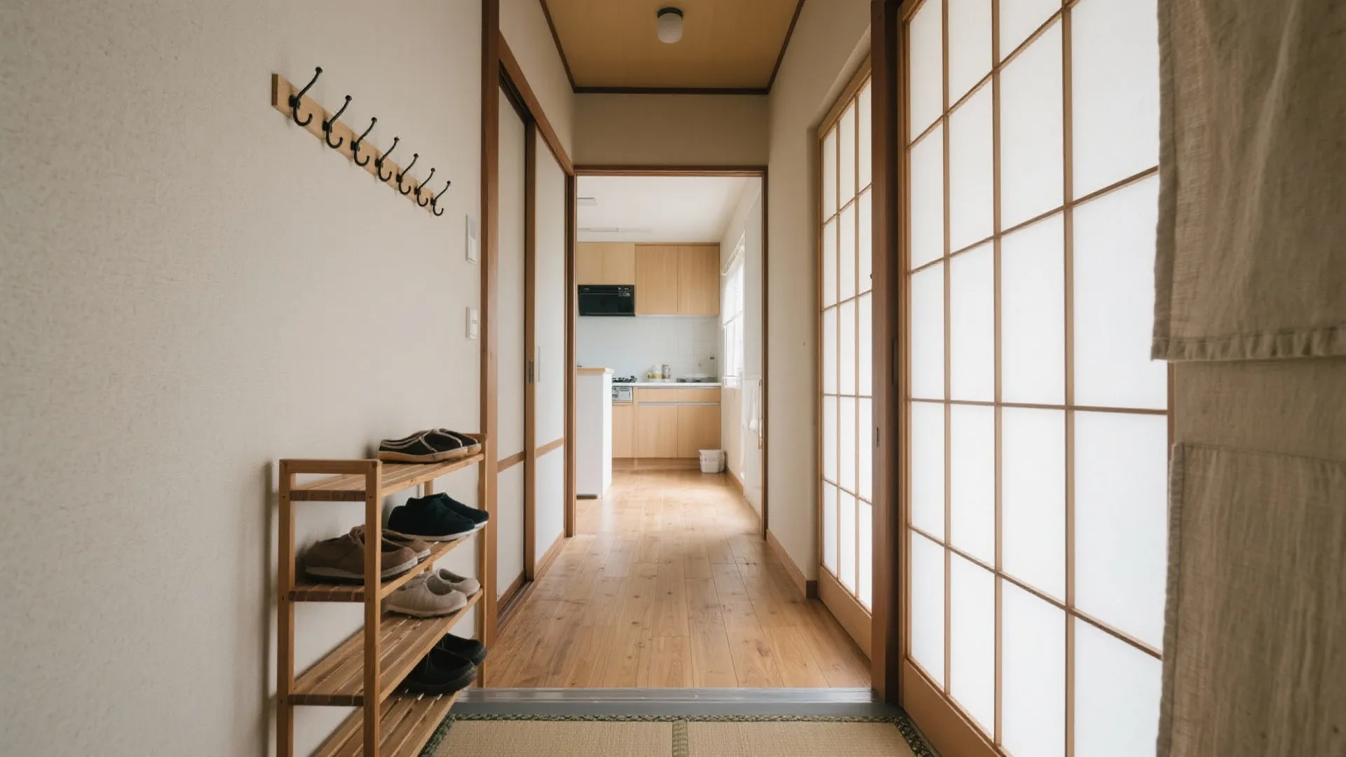 湿気を断つ日式動線：玄関〜キッチンのルートを短く保ち、虫の入口を減らす（東京小戸型）