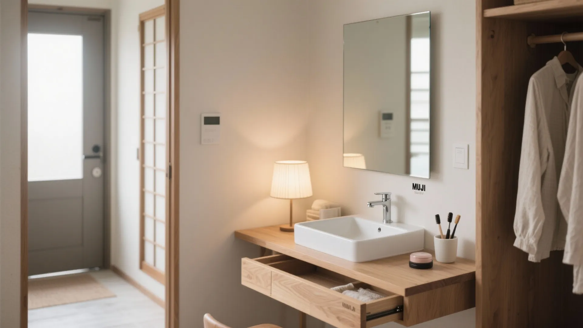 Tips 1: 玄関〜洗面の動線に寄り添うメイク台（1K メイクスペース）