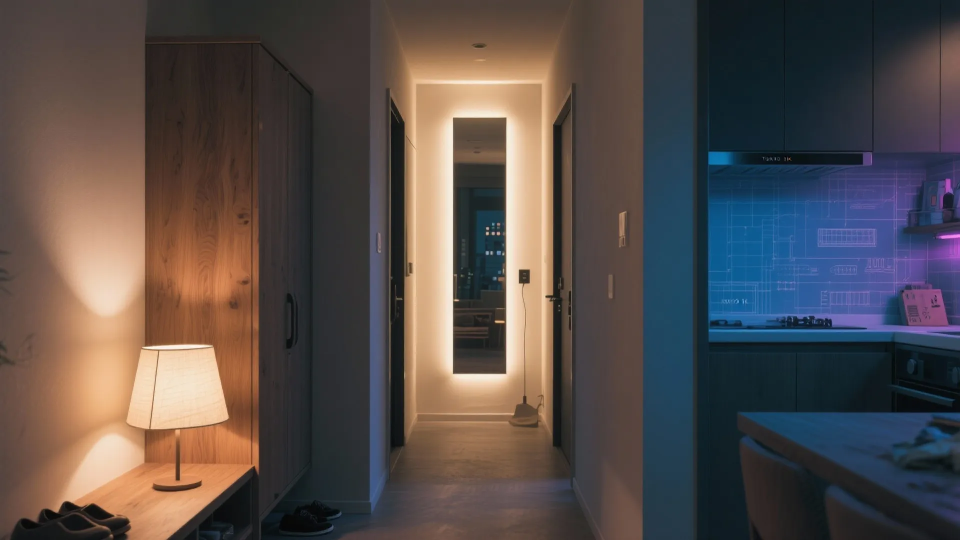 キッチン～玄関は“斜めの抜け”を作る：鏡と照明で廊下を広げる（日本都市）