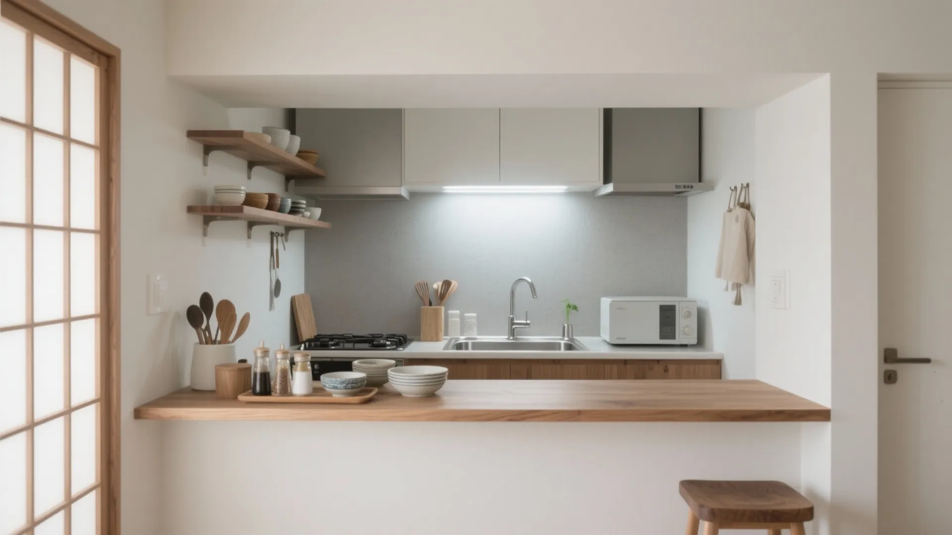 Tips 2: キッチンは“二層の奥行き”で見せる（東京小戸型×日式風格）