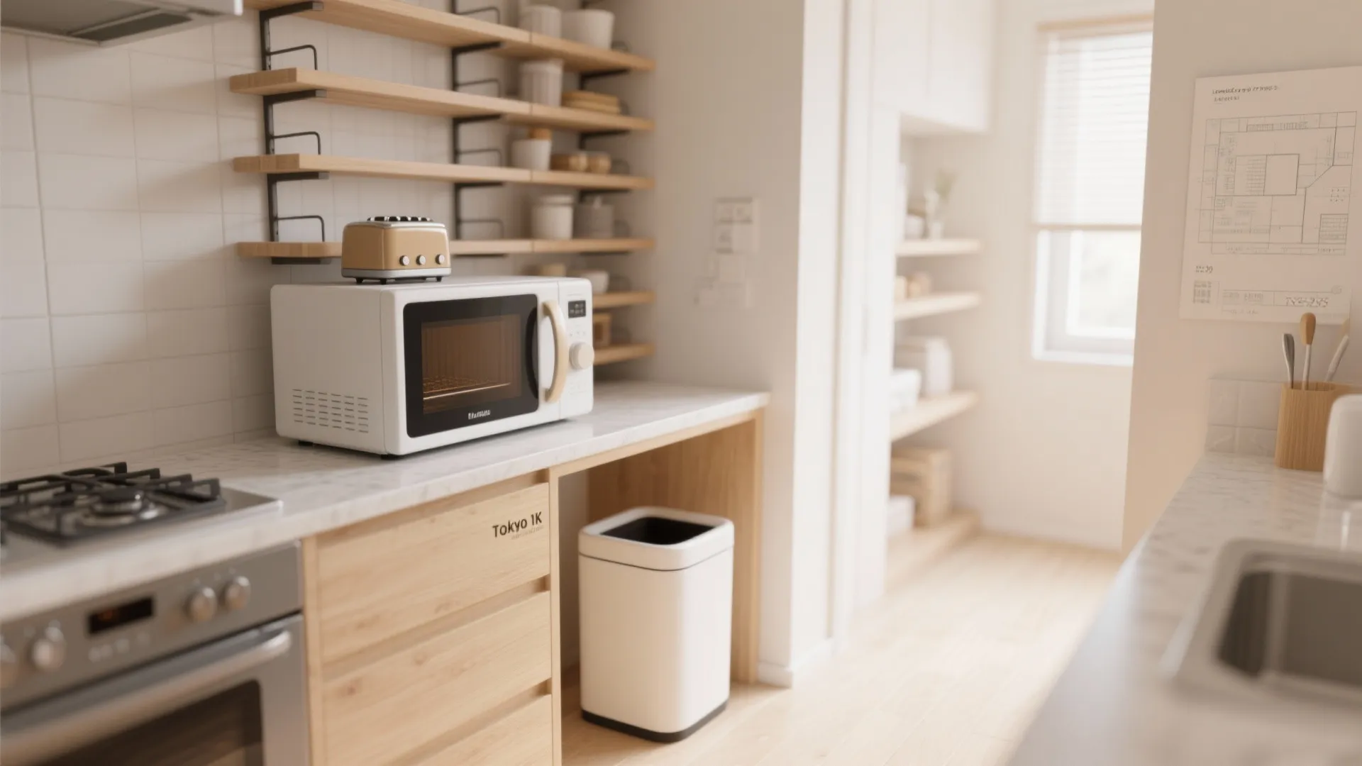 Tips 3: キッチン背面は“縦収納”で床を守る（收納技巧）