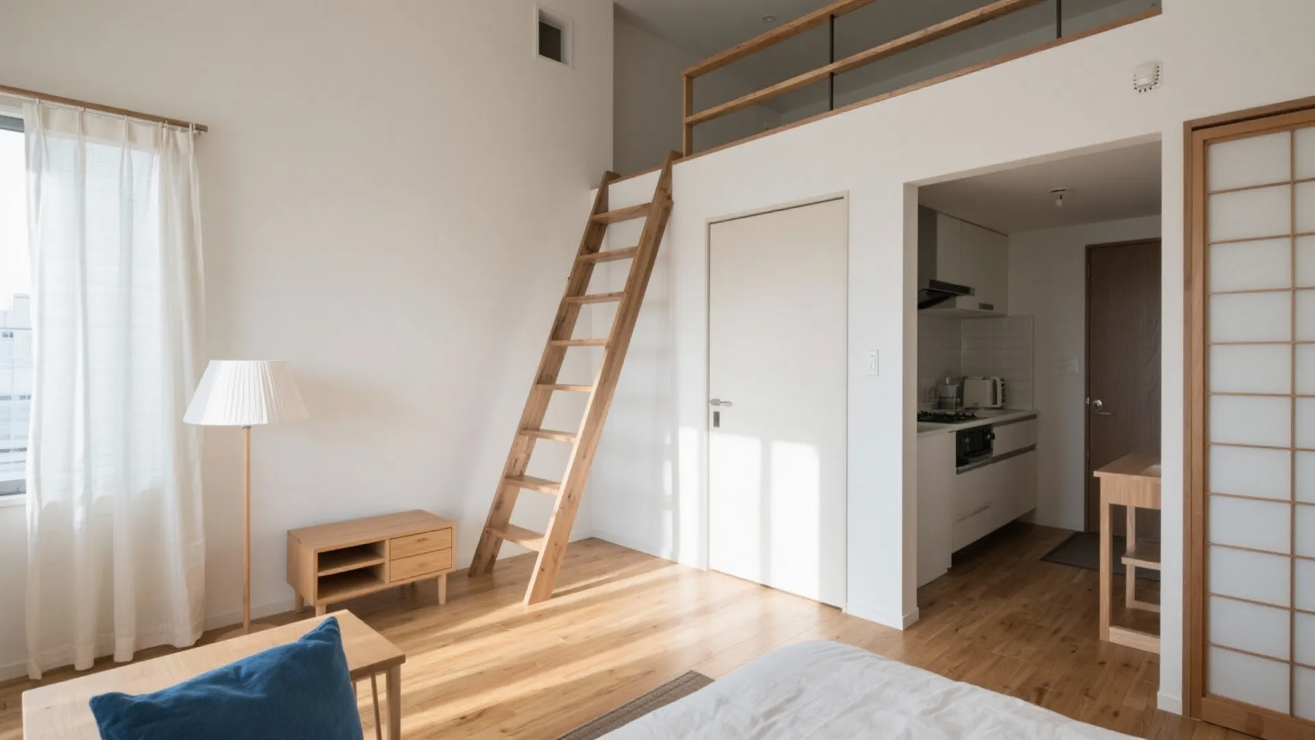 東京小戸型の1Kを“はしご”で広く使う5つの工夫: 1Kにロフト用はしごがある部屋で、動線と収納を整える日本的デザイン解