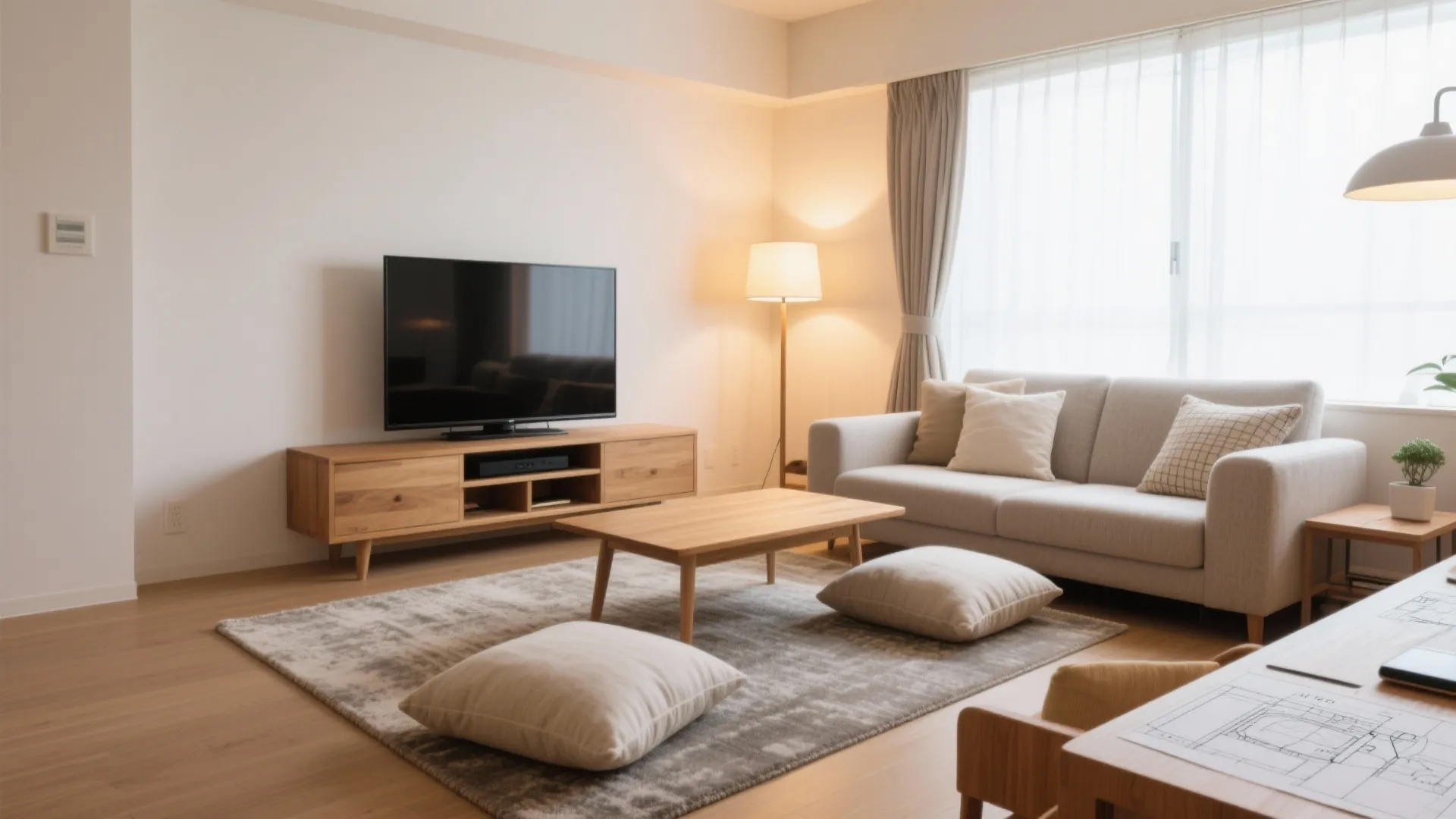 Tips 2: 低めTV＋ラグで視線コントロール（東京小戸型 × 日式風格）