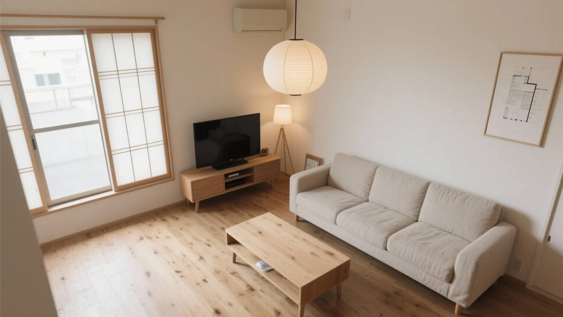 Tips 1: リビングは“斜め配置”で視界を広げる（東京小戸型 × 日式風格）