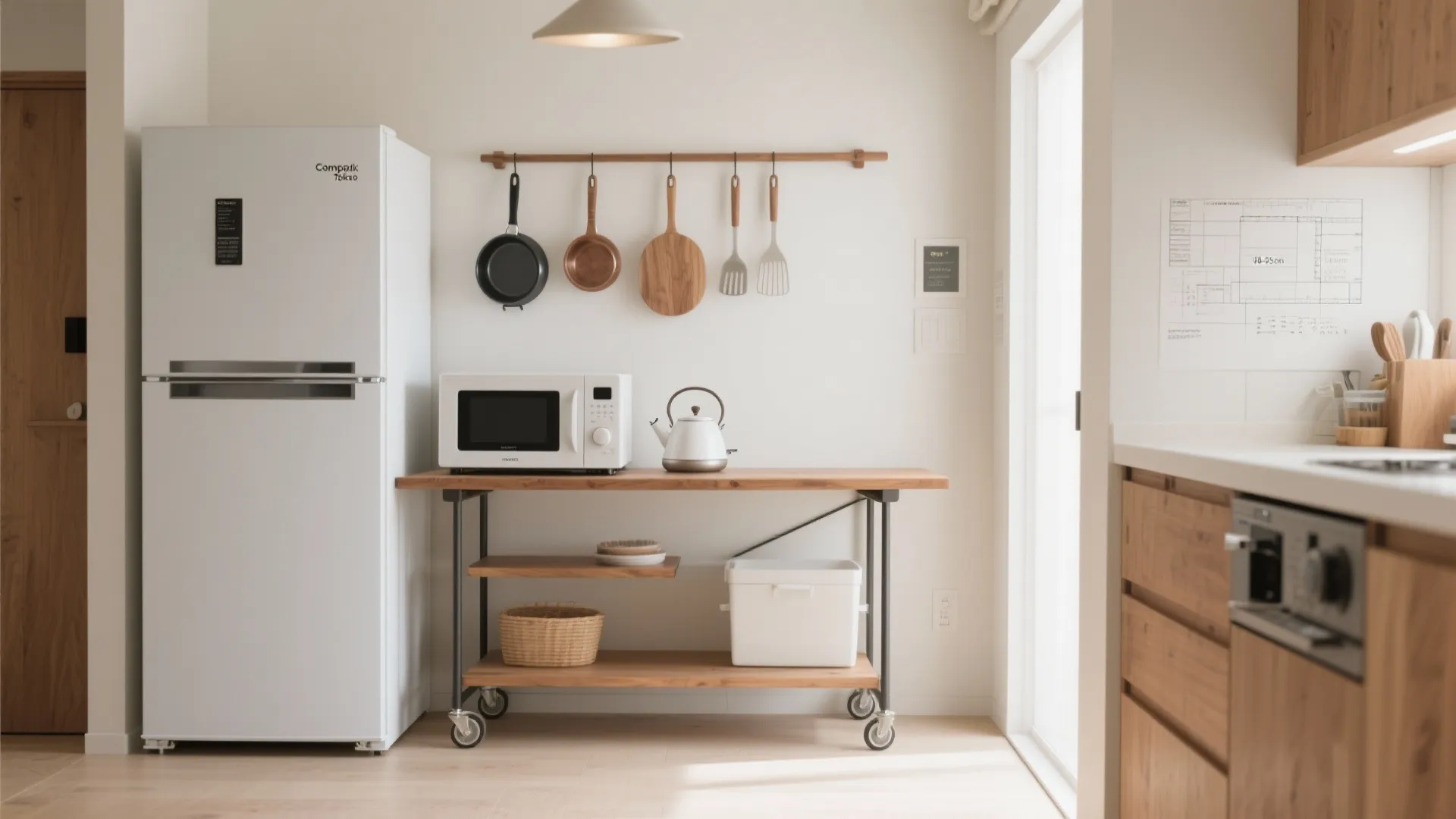 Tips 3: キッチン横は“冷蔵庫→家電→作業台”の縦並びで効率化（收纳技巧と同時に）