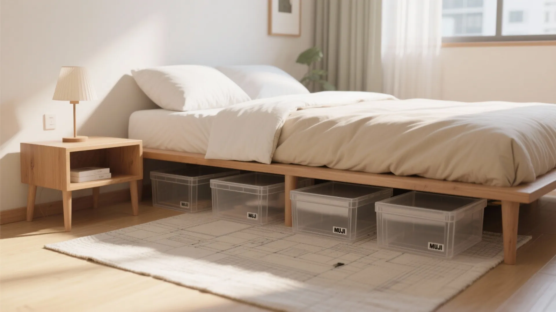 Tips 5: ベッドは“脚付き＋下40L×4箱”で床面を返す