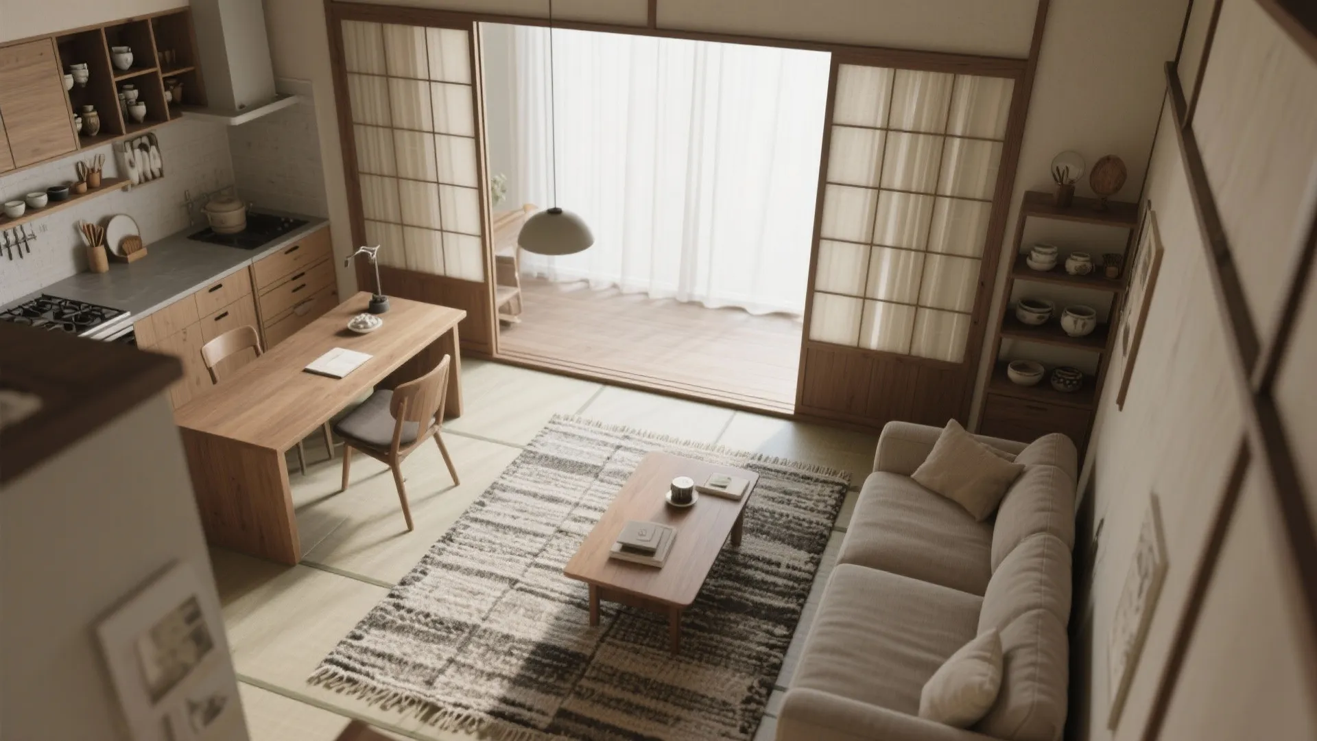 ゾーニングを“視線”で分ける（ラグ・カーテン・収納で境界設計）