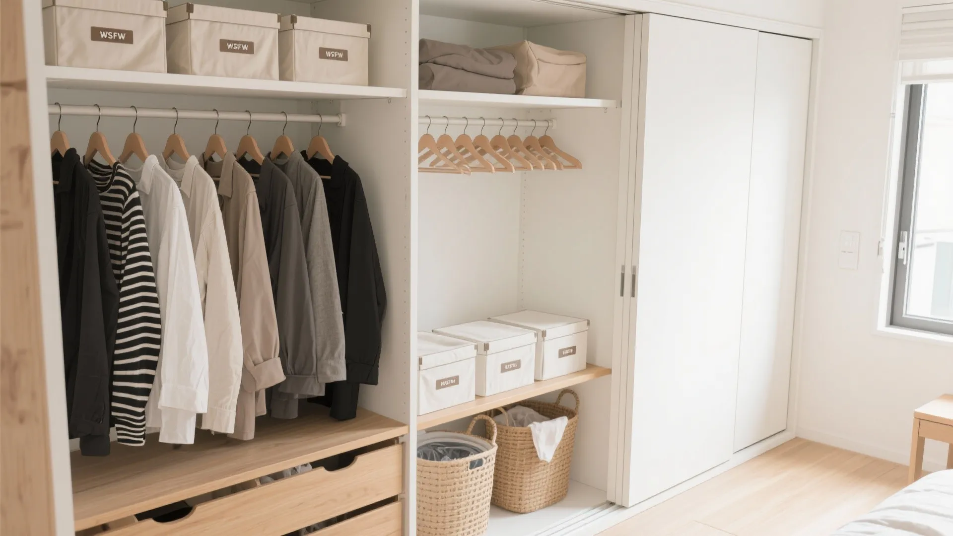 Tips 4: クローゼットは“色とカテゴリ”で二人分を可視化（收納技巧・東京小戸型）