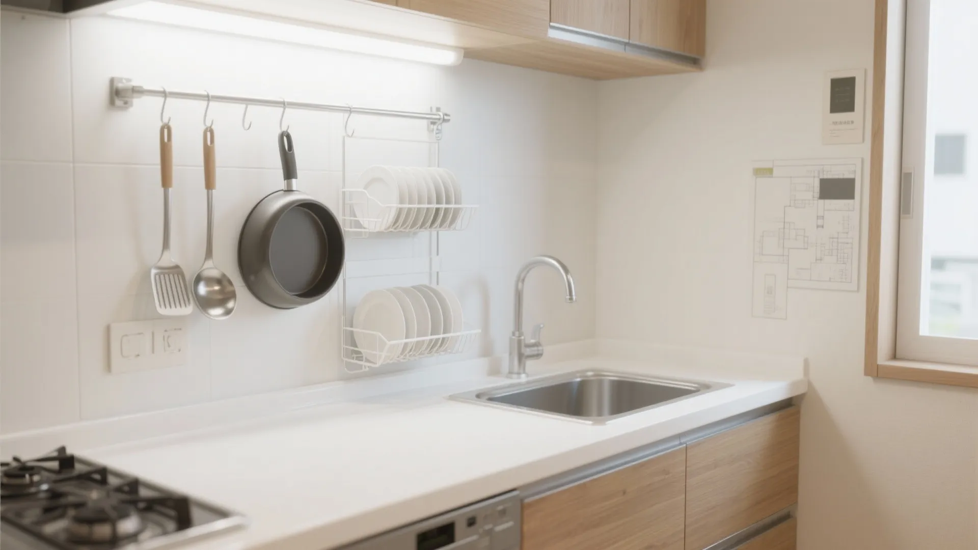 キッチンは“見せる最小限”：吊るす・立てる・仕切るで時短（收納技巧）