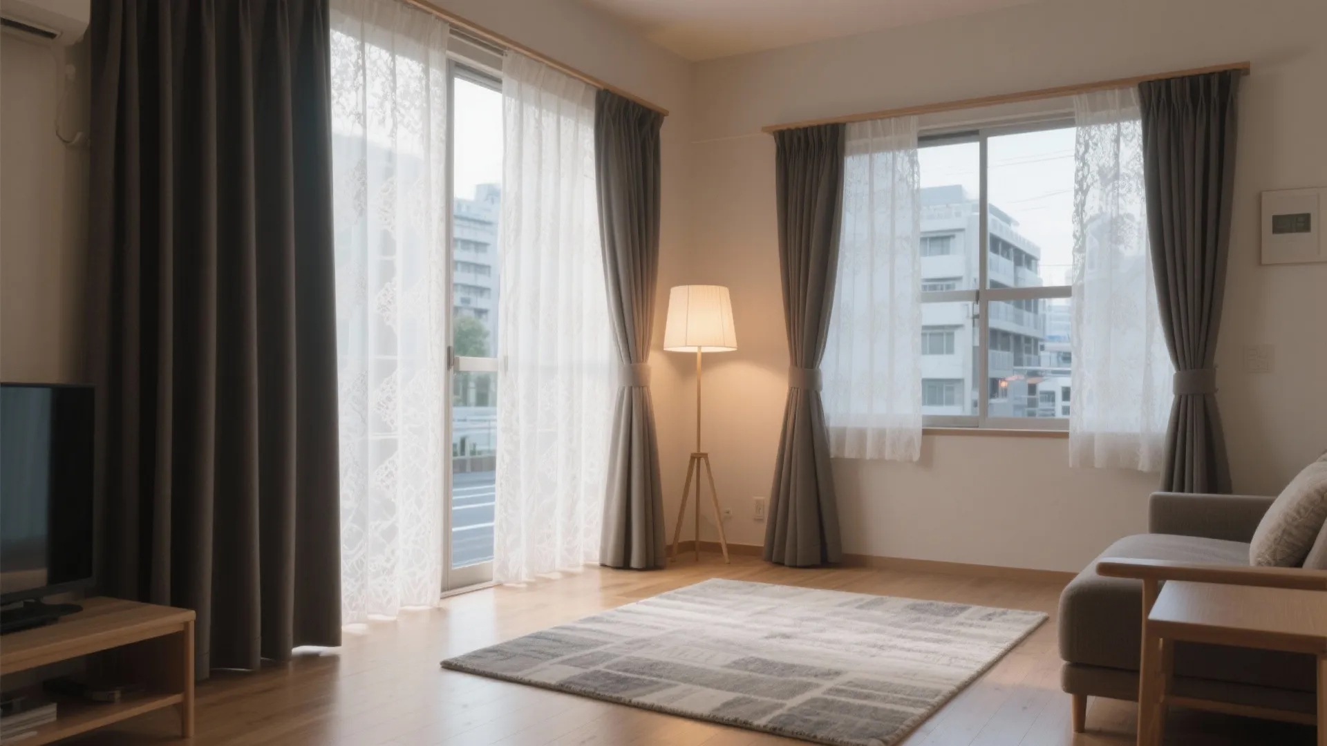 Tips 6: 日本都市の音と光に合わせたカーテンとラグの二点セット