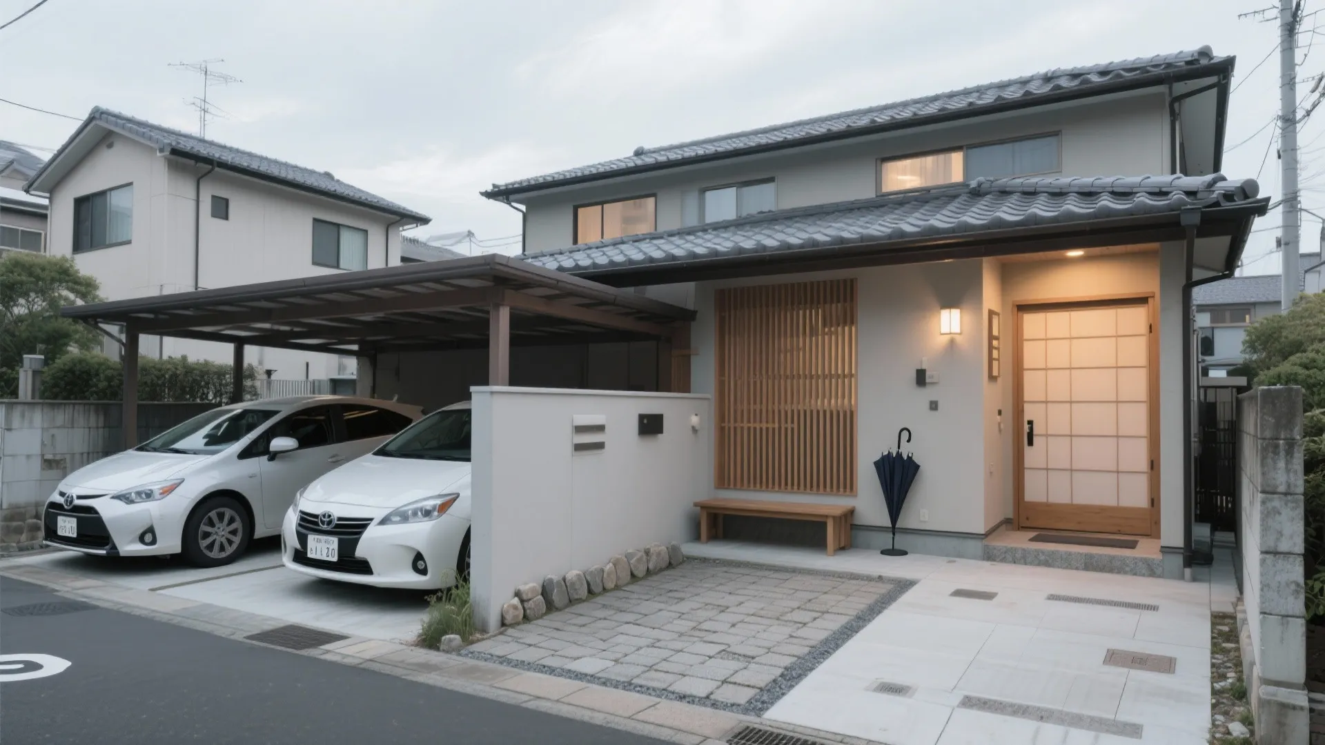 Tips 2: 車2台の駐車から玄関まで、濡れない・詰まらないをつくる（東京小戸型／動線規画／日本都市）