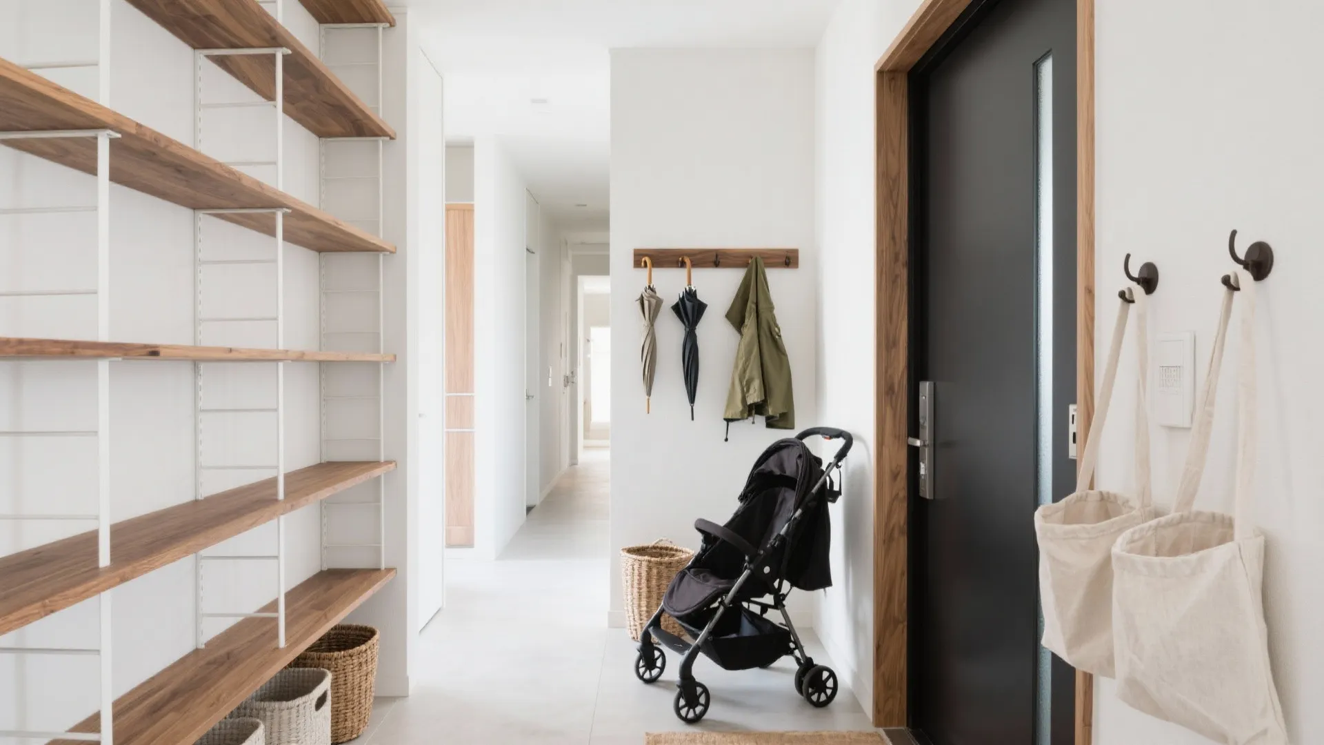 玄関〜廊下の収納技巧：東京の靴と傘と学用品を一列で解決