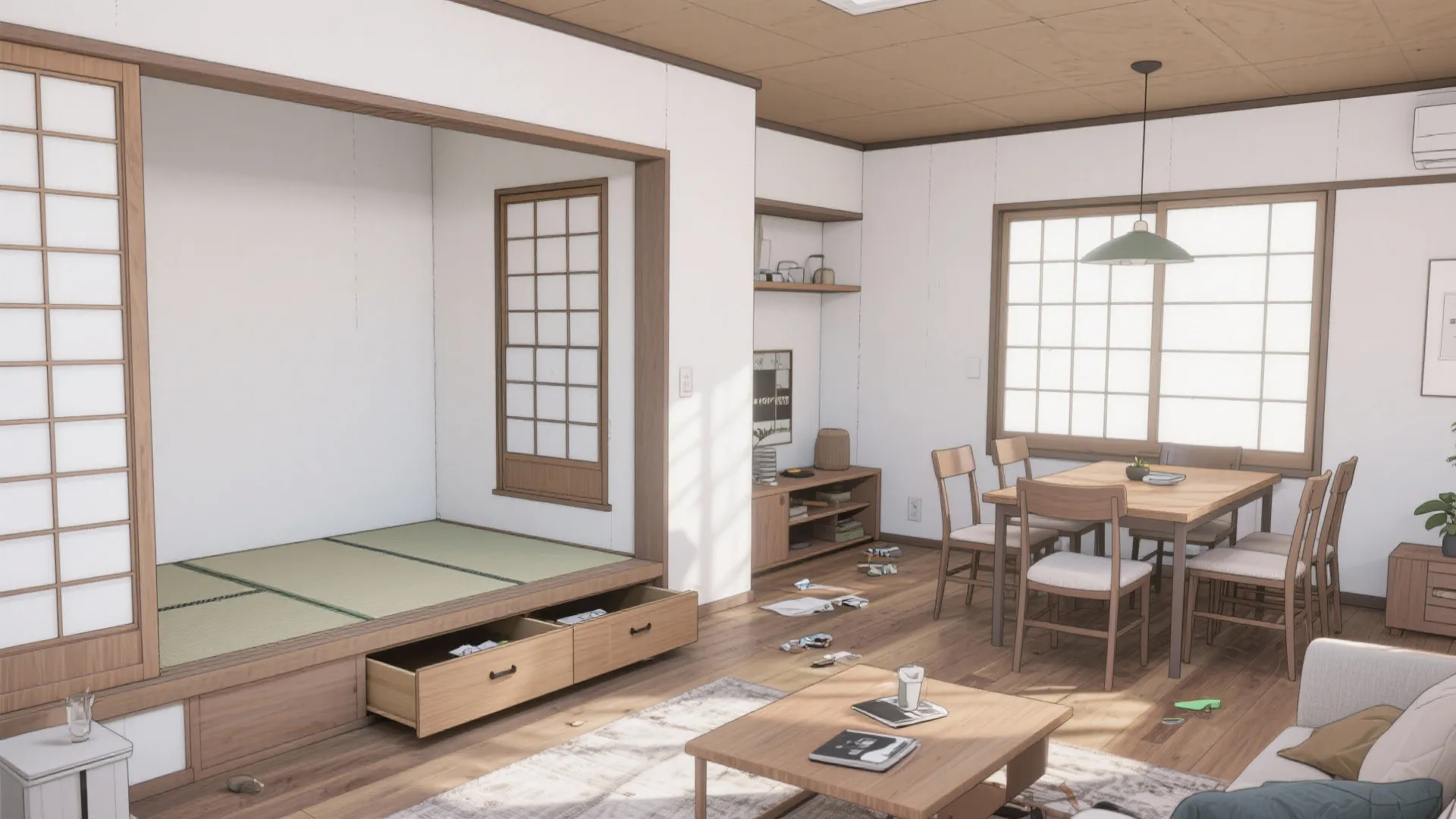 床座と椅子座の“高さミックス”で実寸以上に広く見せる