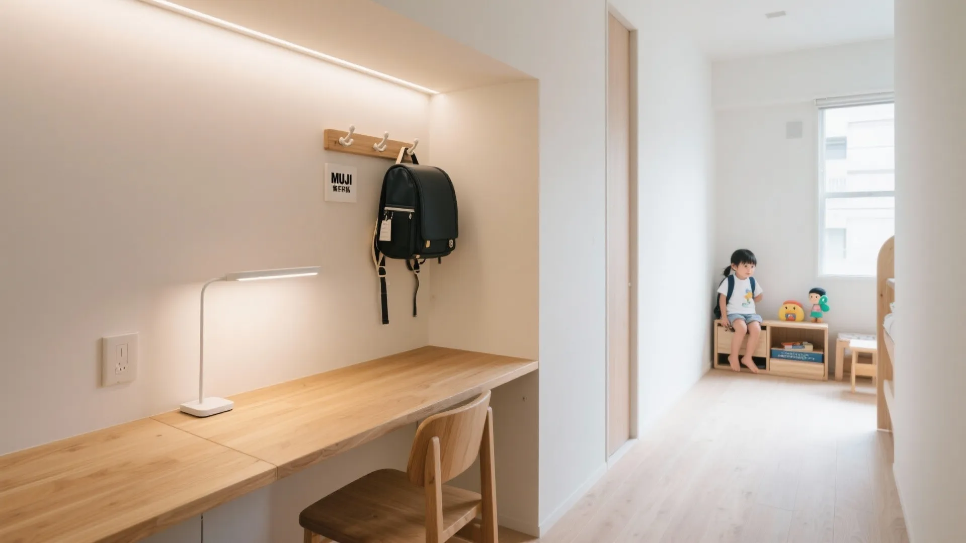 Tips 4: 子ども部屋は“壁の厚み”で増やす。巾木上20cmを有効化する学習ニッチ（日式風格＋動線企画）