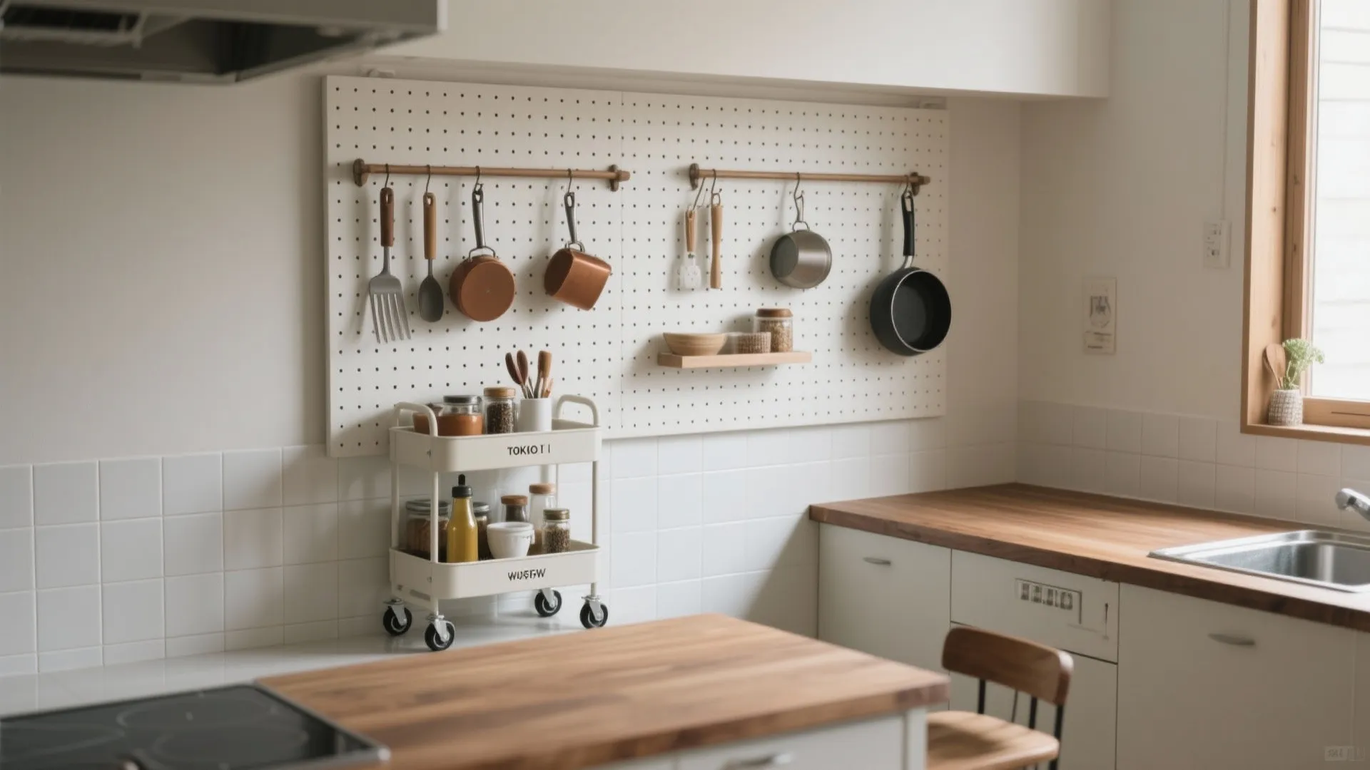 キッチンは“手前に置かない”：壁面収納＋ワゴンで奥行きの秩序をつくる（收納技巧・日式風格）