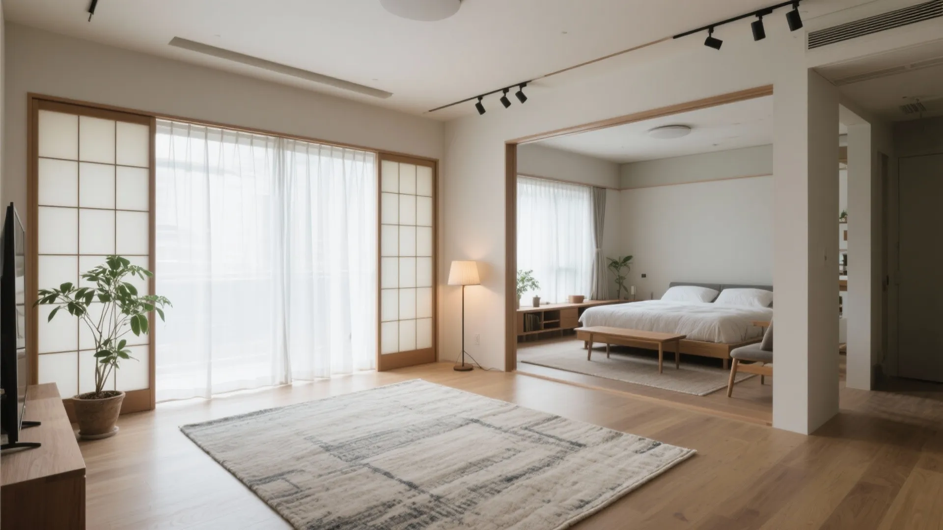 ゾーニングは“敷く・吊る・差す”で見えない間仕切り｜動線规划と収纳技巧が両立