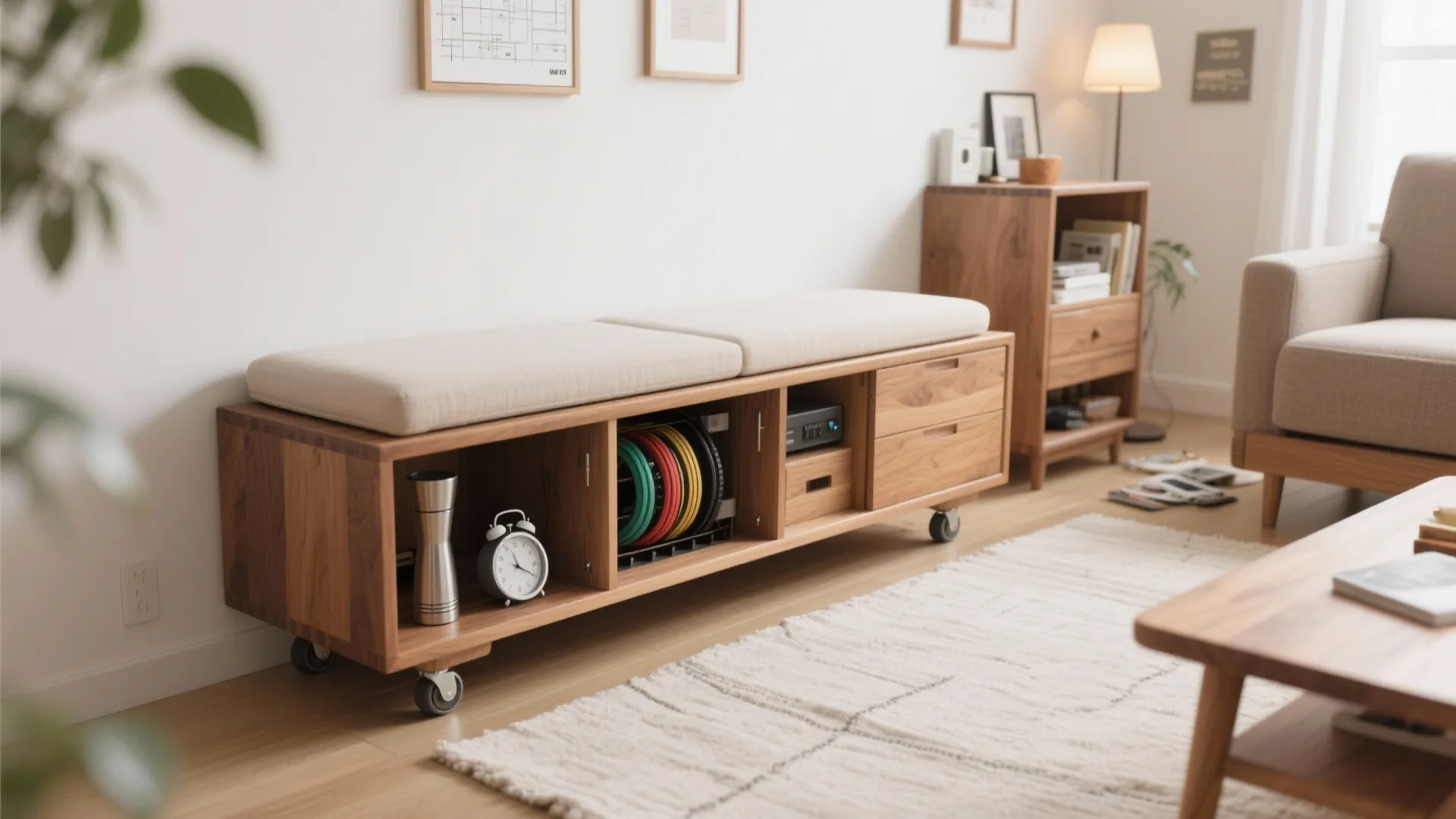 Tips 2: リビングに“可動ベンチ”を置く（日式風格・収納技巧）