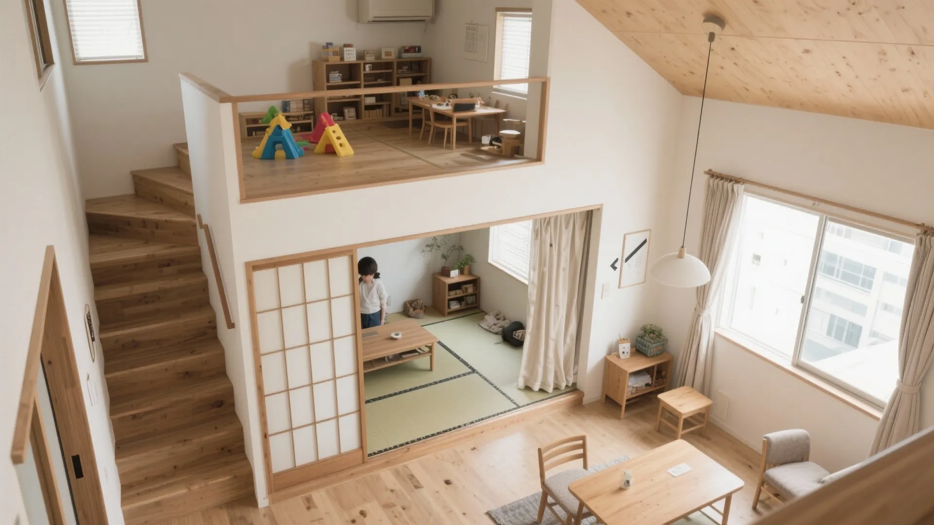 子供ゾーンを階で分ける動線計画：朝と夜の音を分離する（動線規劃／東京小户型）
