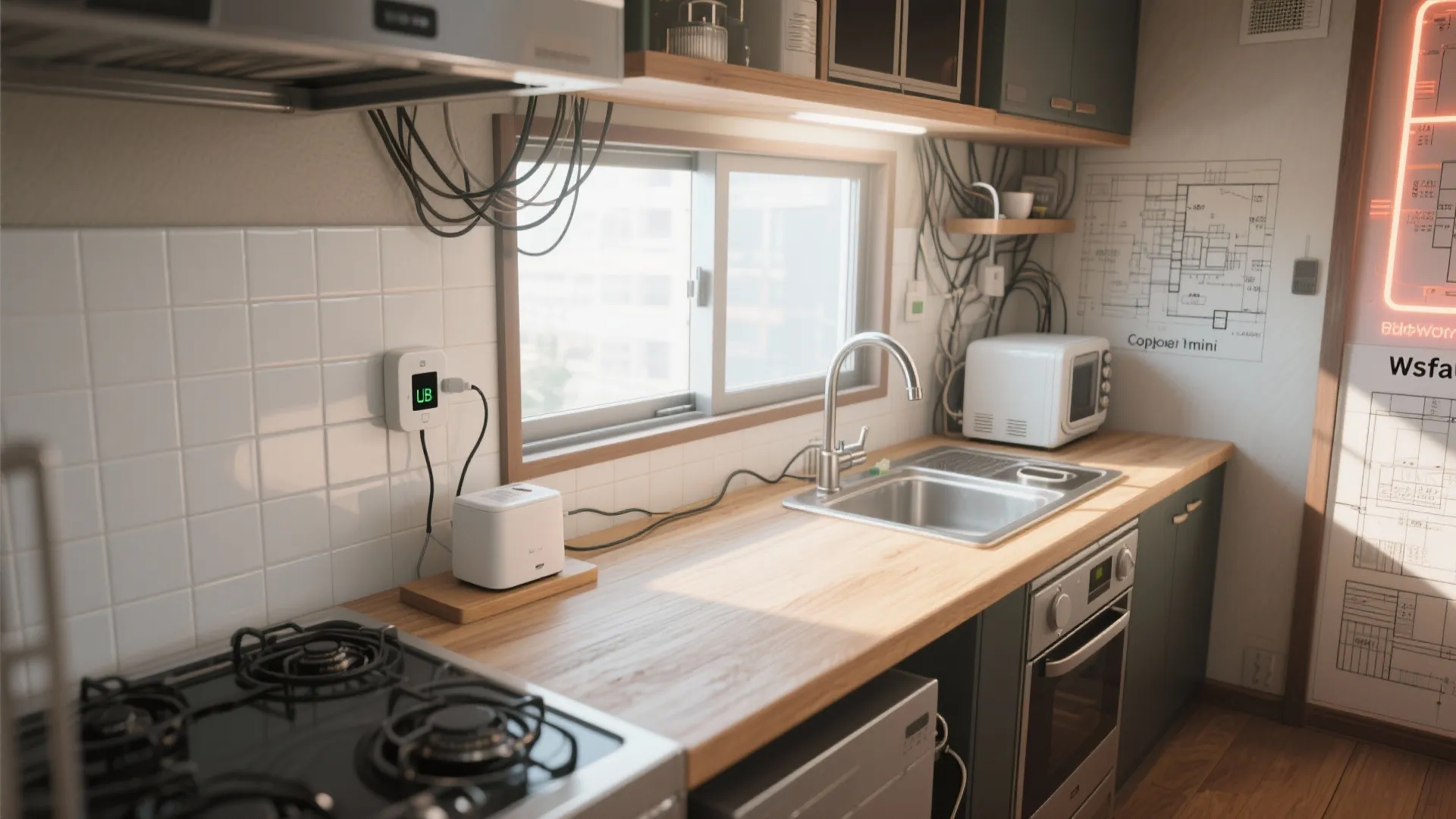 Tips 3: キッチンは“立ち仕事”の高さでUSB家電を最小限に（東京／日本都市のミニキッチン）