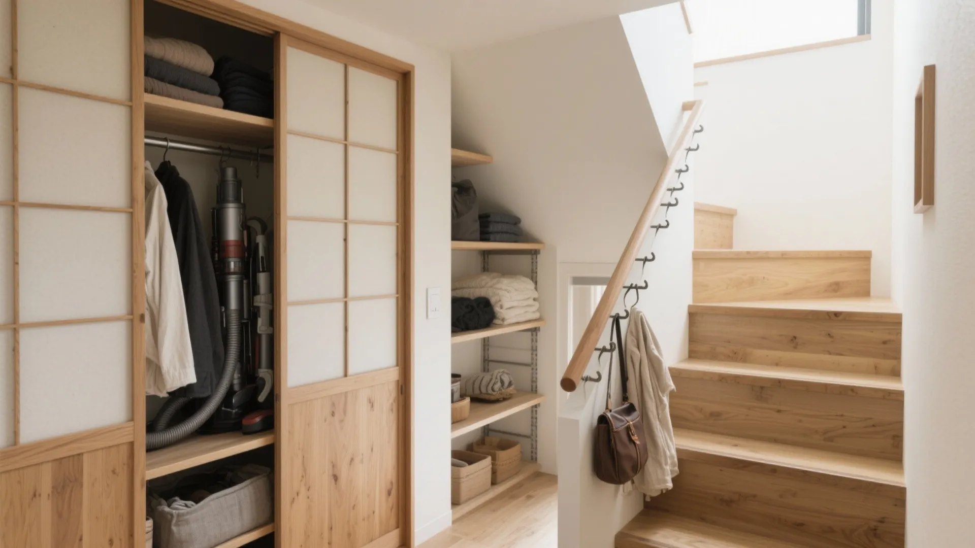 階段まわりの収納技巧：階段下は“引き戸×可動棚”、手すりは“見せる”