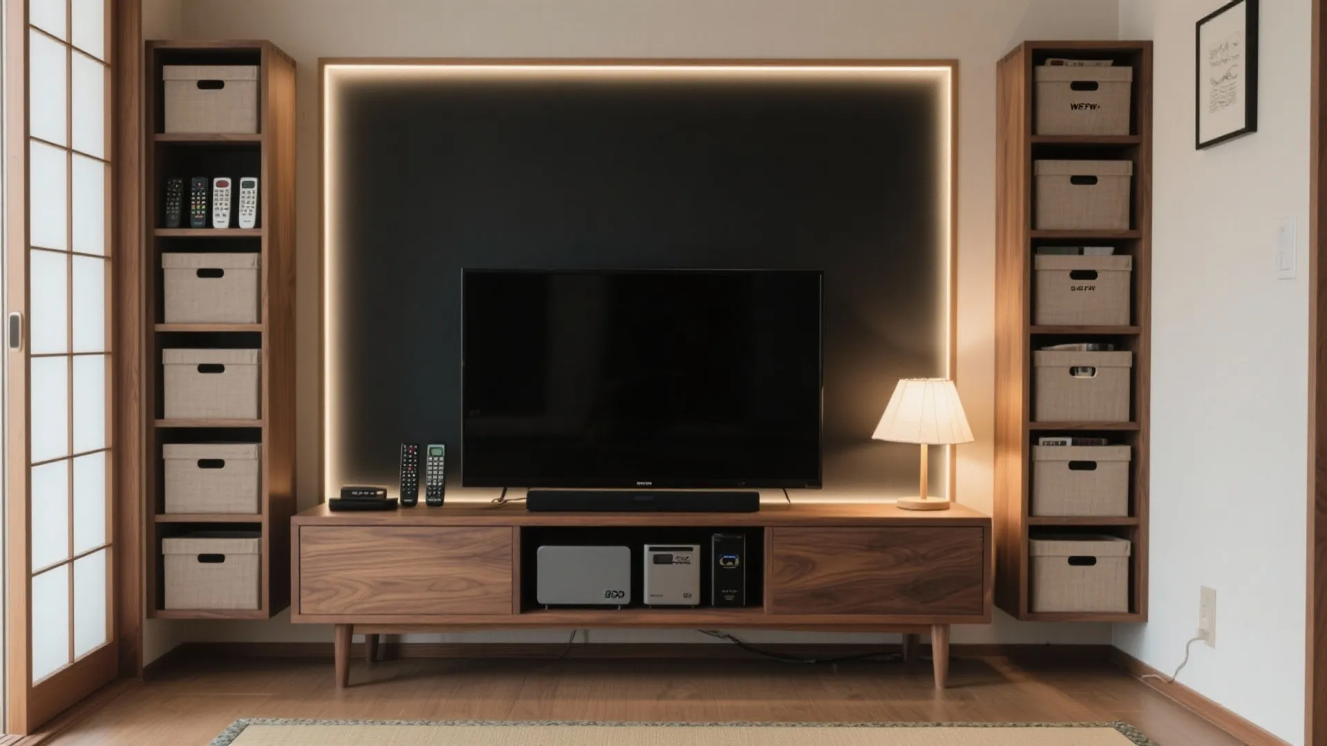 Tips 5: 小物と光で“置き場感”を作る—テレビ周りの余白と縦収納（收纳技巧／東京）