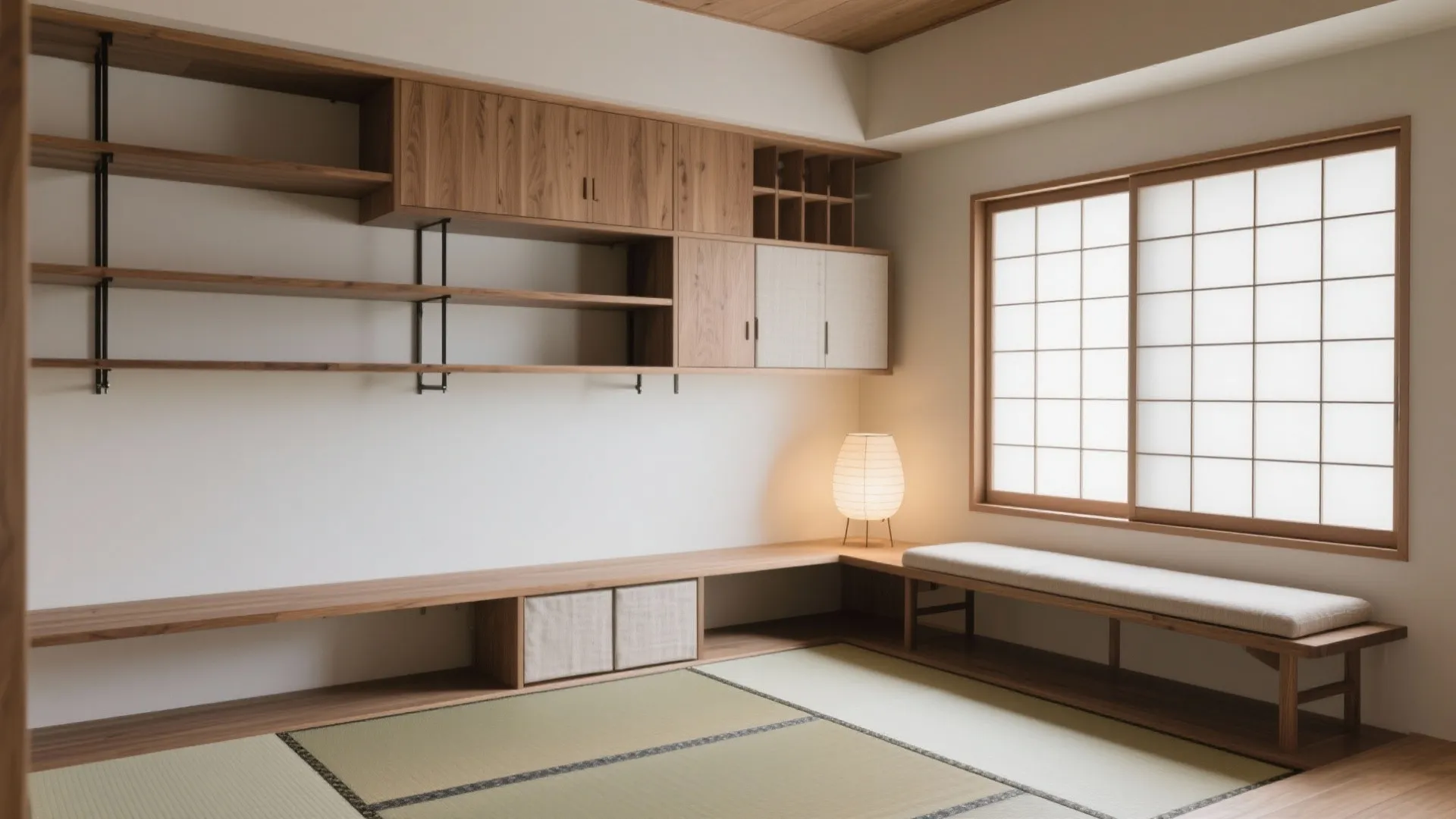 壁面収納で床を解放し、目線を上に誘導（収納技巧×日式風格）