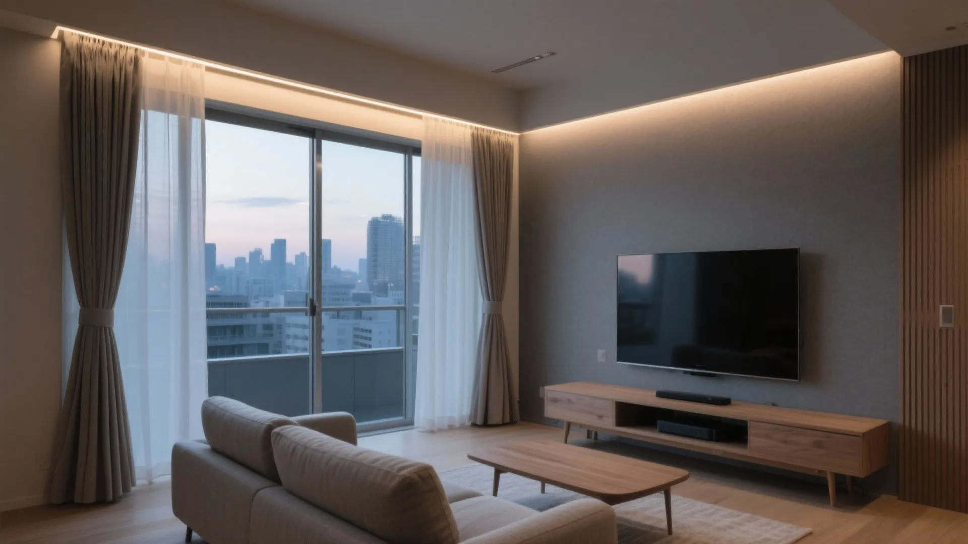 Tips 5: 西向きリビングは“光を淡く混ぜる”。レース＋間接照明で夕方の眩しさを整える（東京＋動線規整）