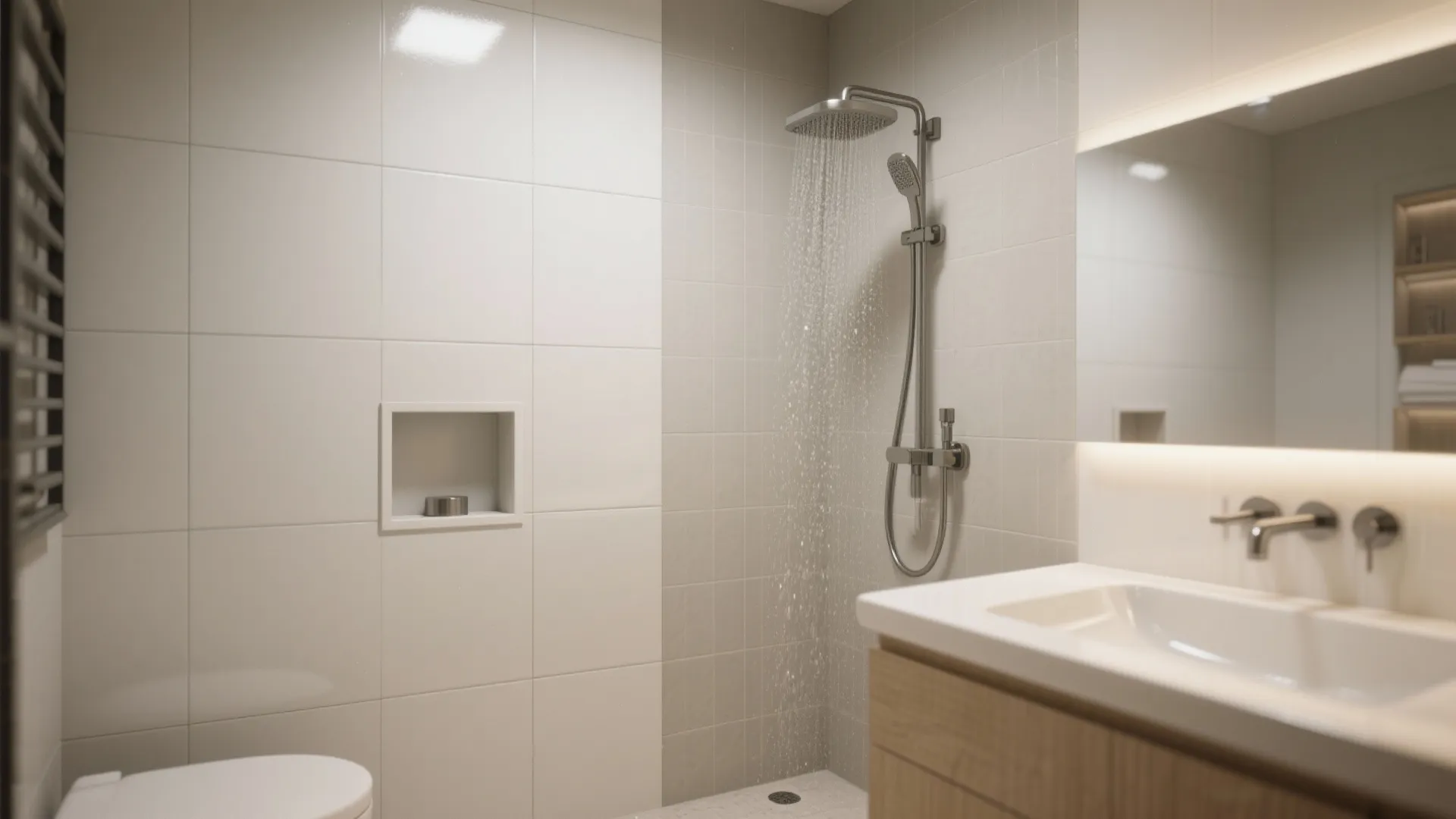 Modern bathroom with white wall tiles featuring a rain shower head and a wooden vanity