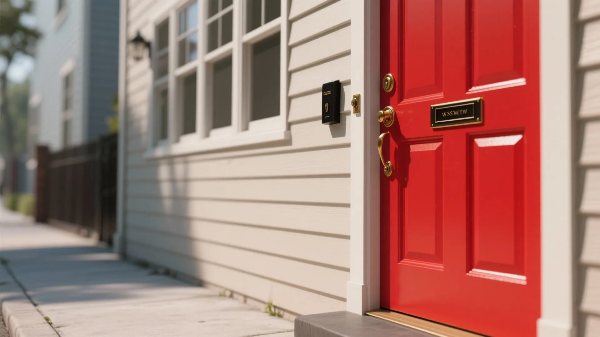 Bright red front door with gold hardware on a white house with white wooden siding