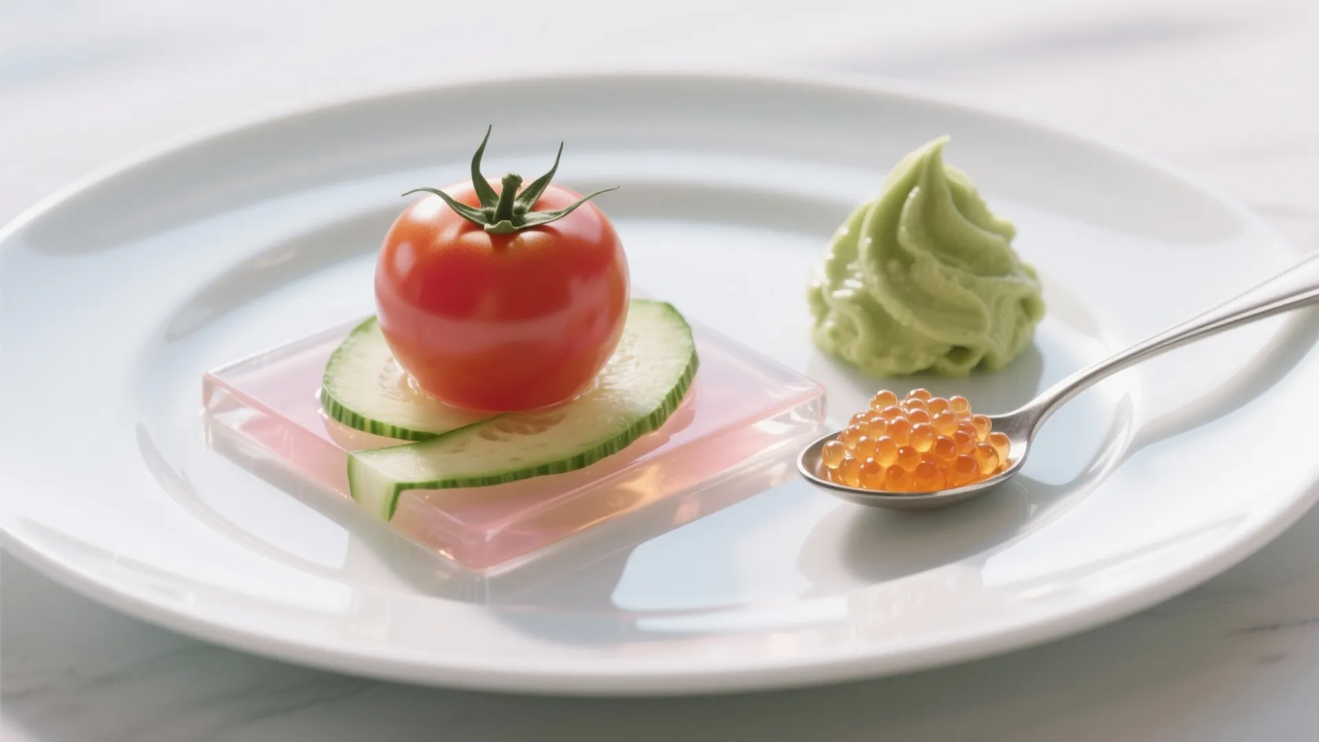 5) Tomato Water Gelée with Cucumber Ribbons, Avocado Mousse, and Trout Roe
