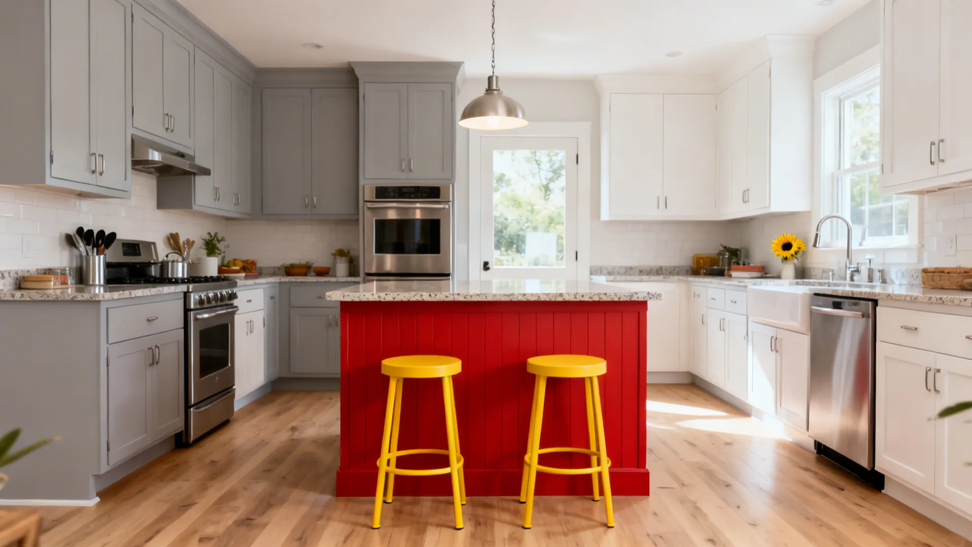 Modern small kitchen with a tomato-red island and sunflower-yellow bar stools.