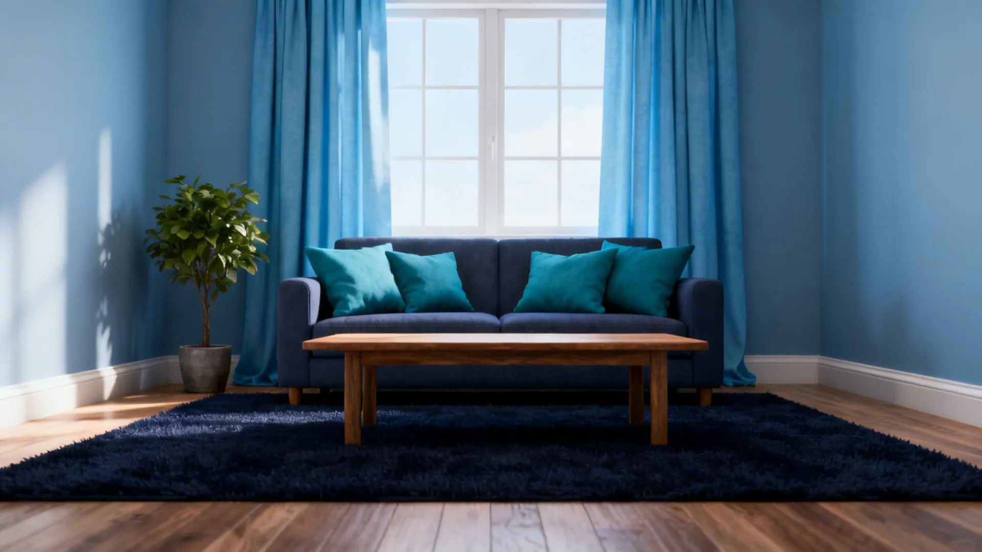 Blue living room with blue sofa wooden coffee table navy rug and bright blue curtains