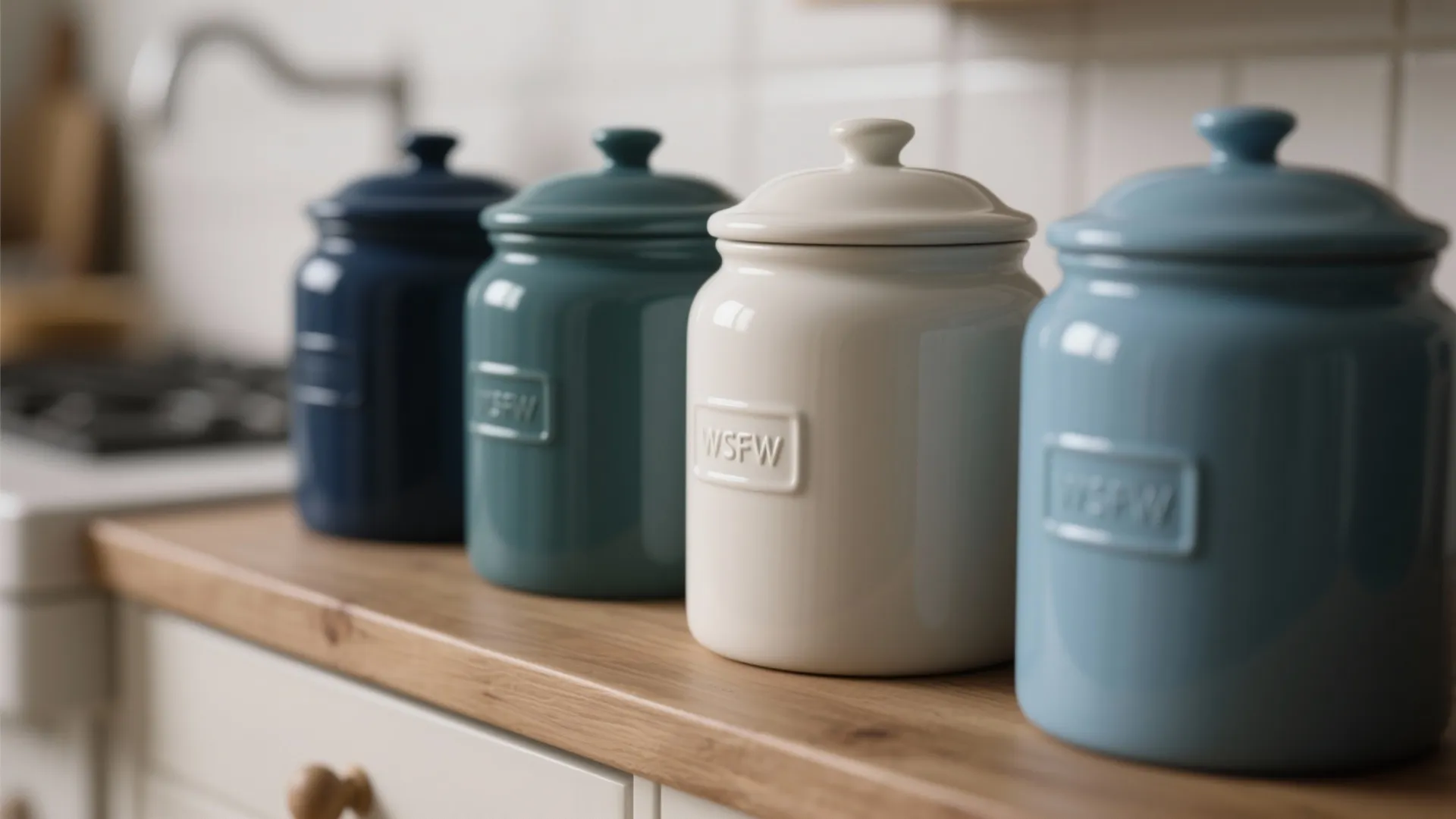 Four colorful ceramic kitchen storage jars lined up on a wooden countertop in a kitchen