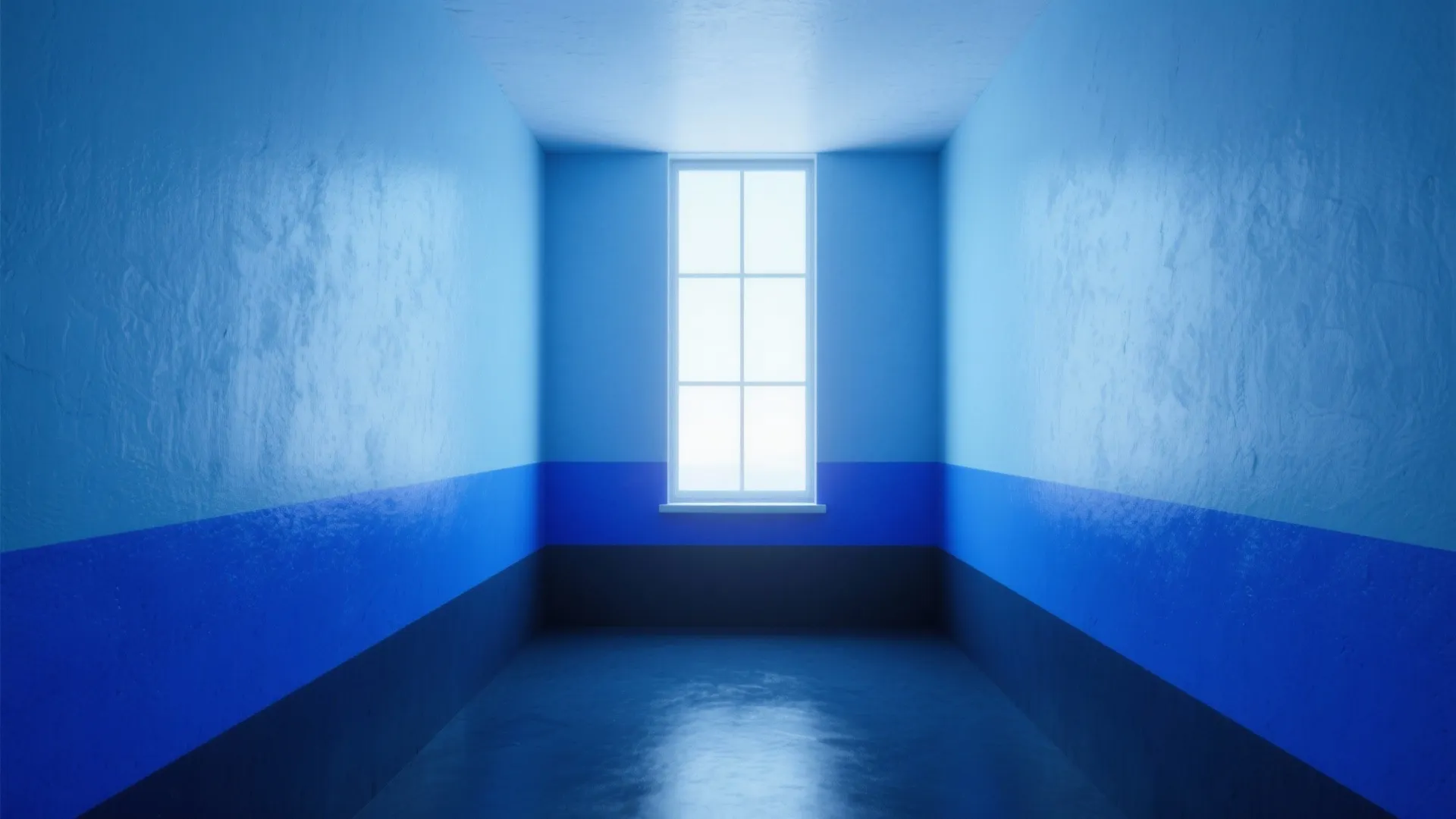 Empty narrow room with blue walls in three shades and a single white window at end