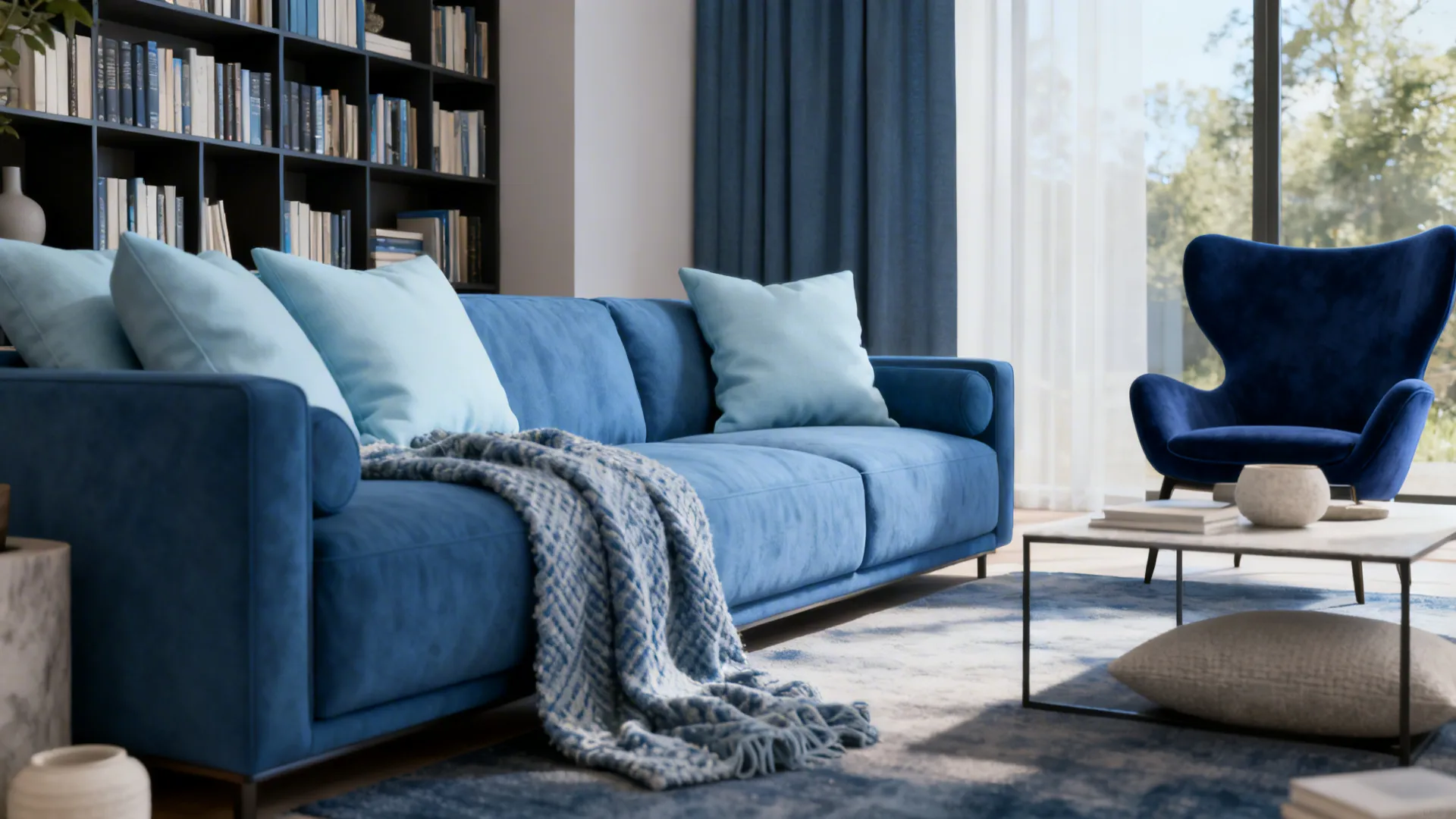 Layered shades of blue in a living room with indigo chair and pale blue cushions