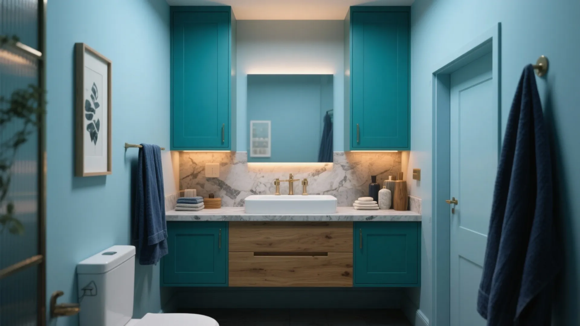 Tiny ensuite with layered blue tones and natural wood and stone elements