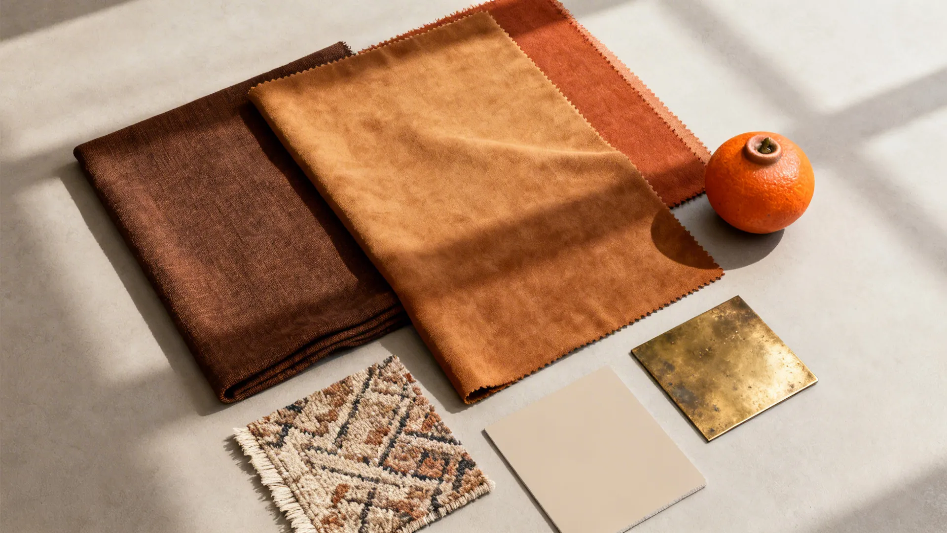 Brown fabric samples orange fruit patterned rug metal tile and beige tile on grey concrete floor