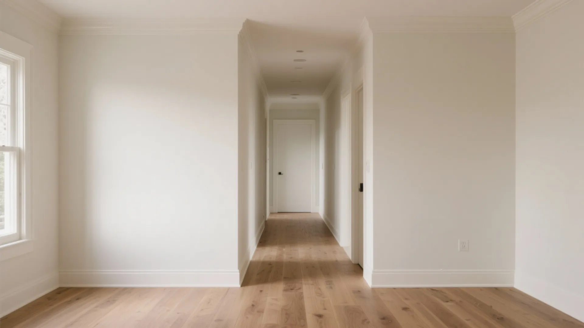 Empty white room with wooden floor leading into a long hallway with white doors inside