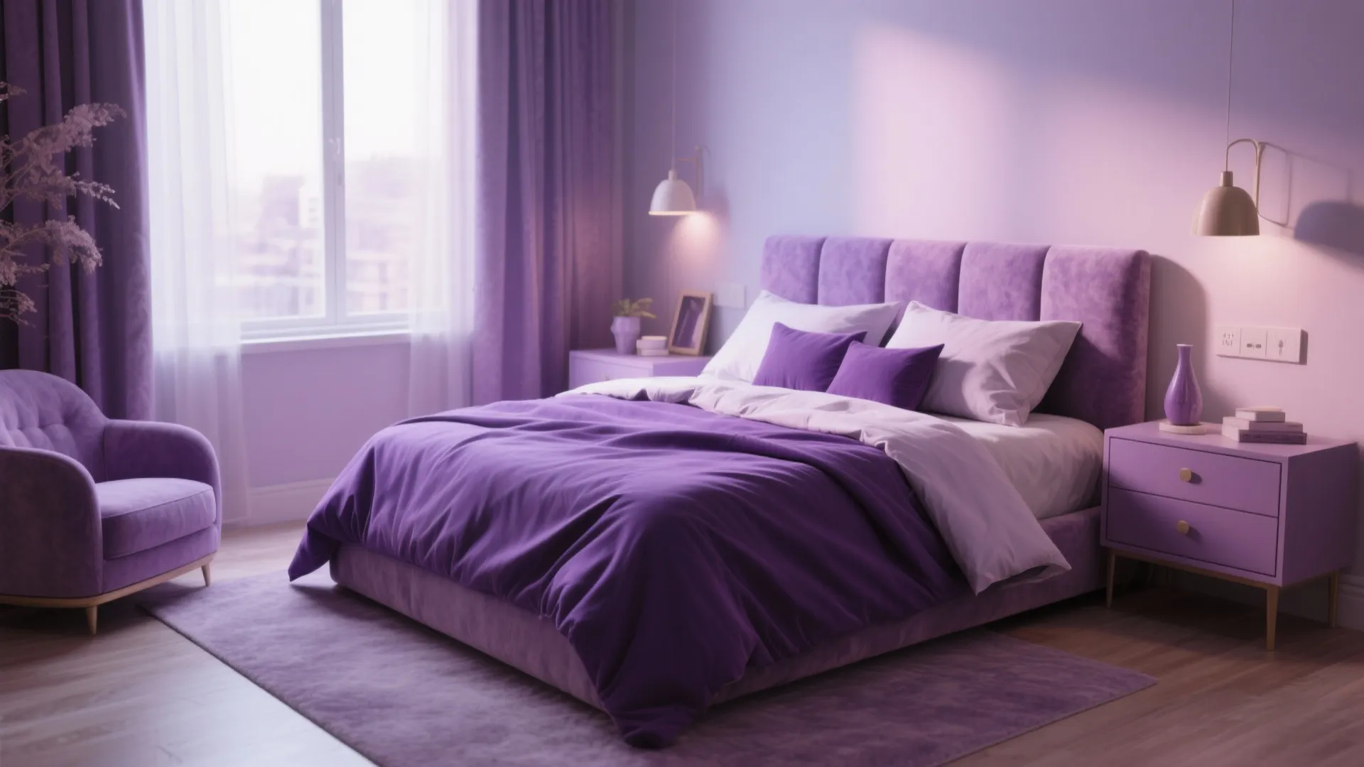 Modern purple bedroom interior featuring a large bed with matching pillows cabinets and purple rug