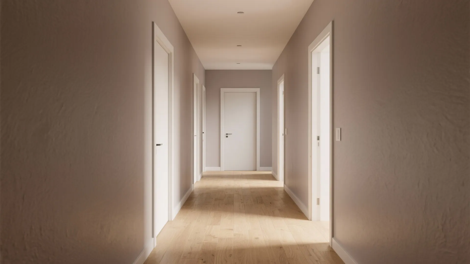 Minimalist warm hallway with light brown walls wooden flooring and several clean white interior doors