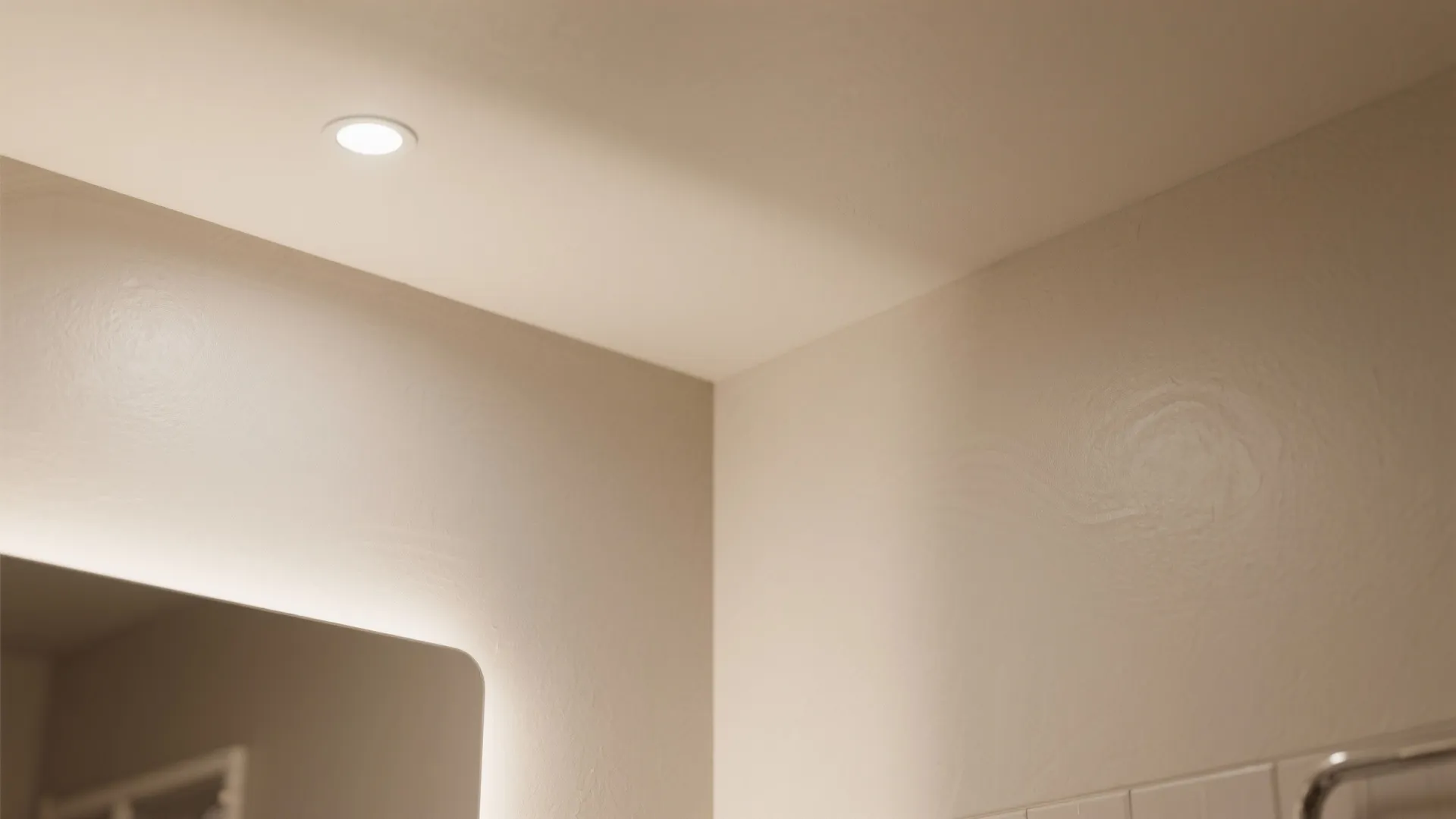 Close-up of ceiling sheen and matte wall showing same paint hue with different finishes