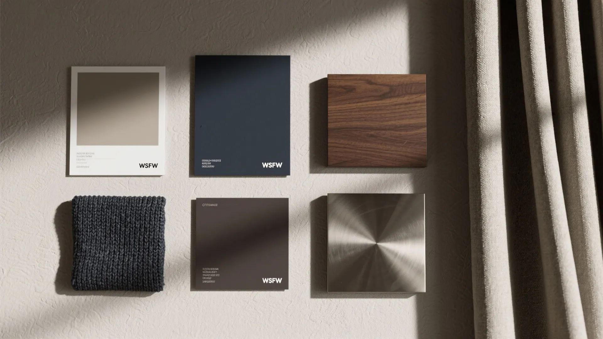 Interior design mood board with color swatches wood samples fabric pieces and metal material squares